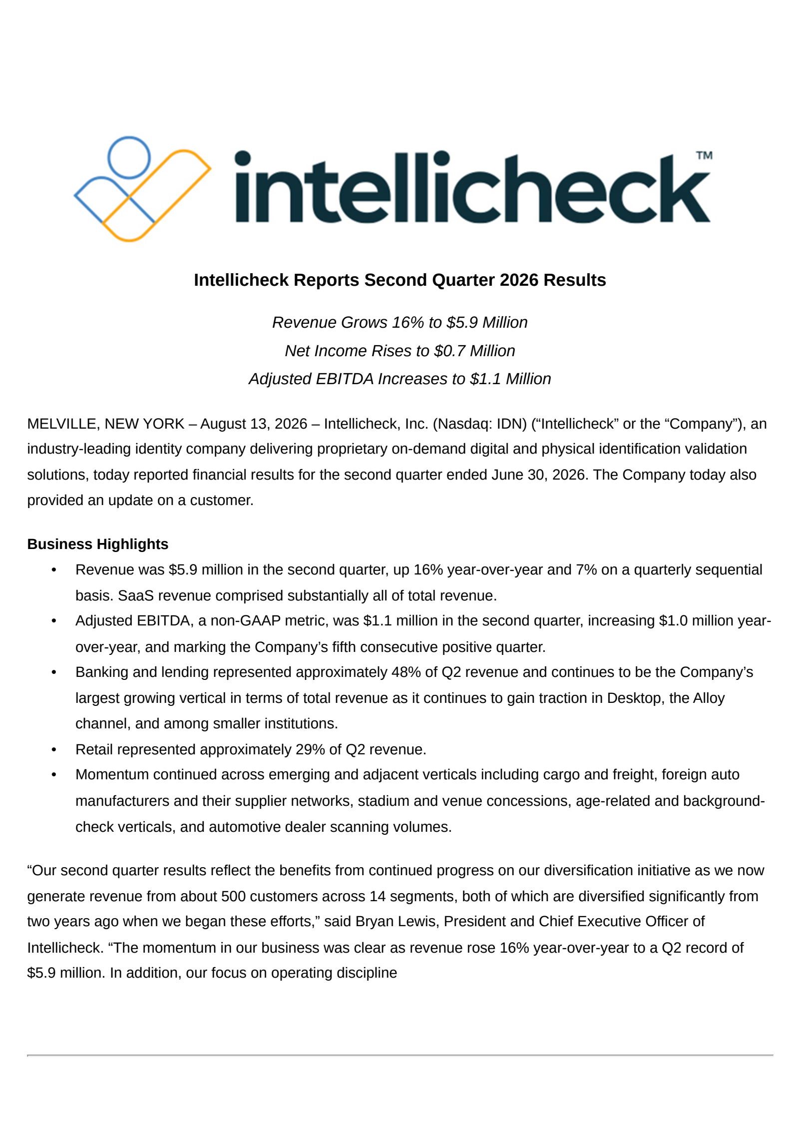 Intellicheck's Q2 2026 Press Release