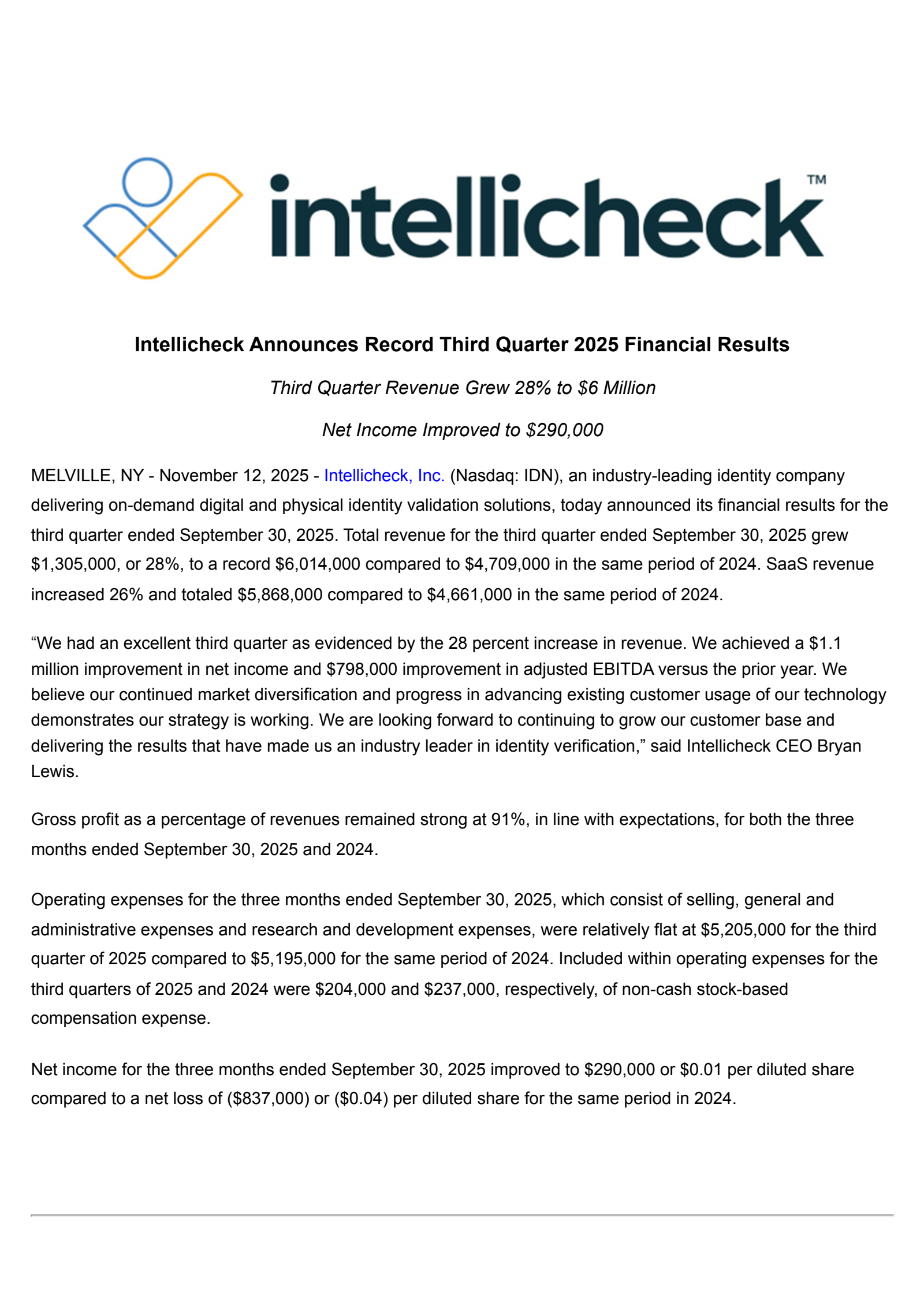 Intellicheck Mobilisa's Q3 2025 Earnings Release