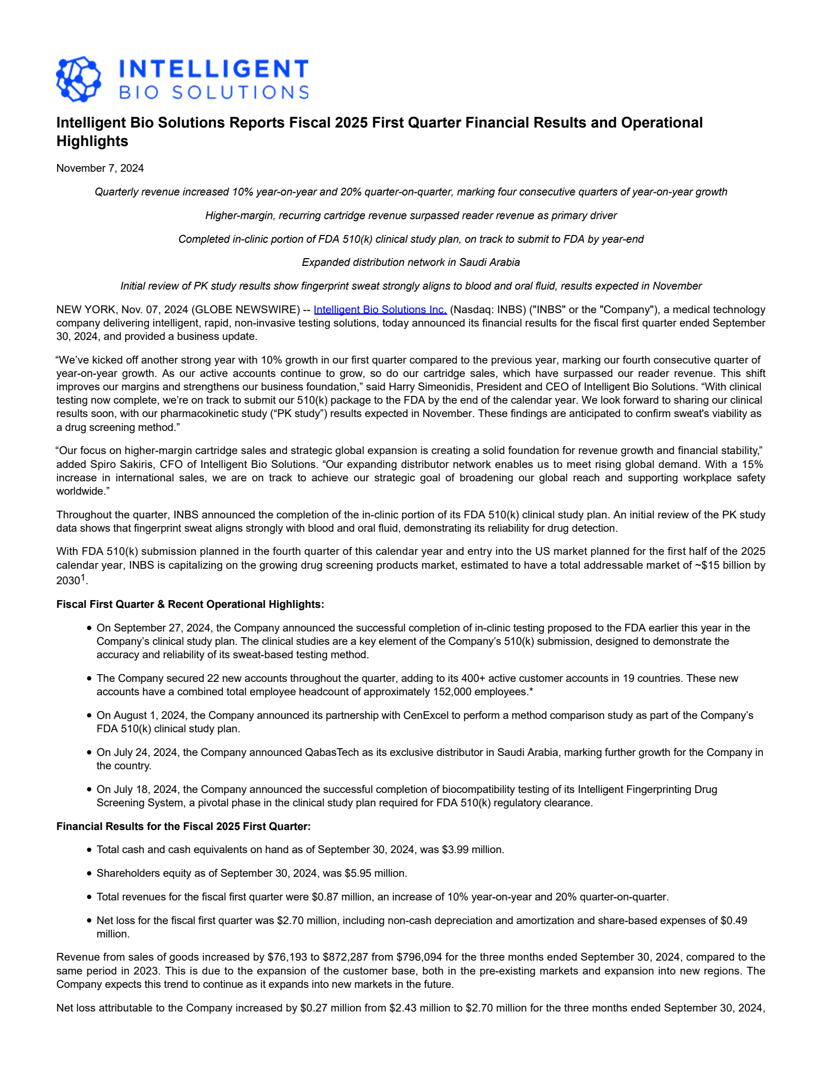 Intelligent Bio Solutions' Q1 2025 Press Release