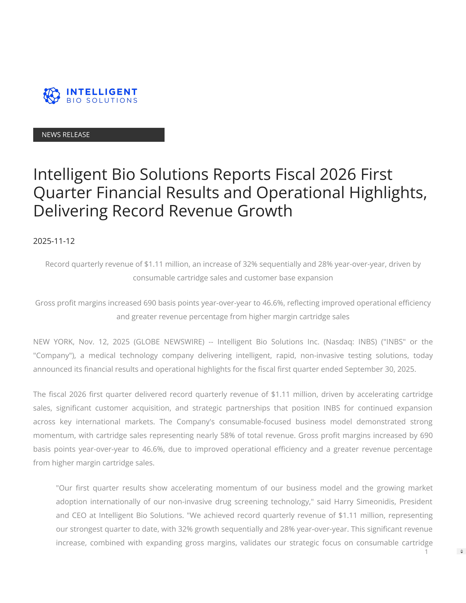 Intelligent Bio Solutions' Q1 2026 Press Release