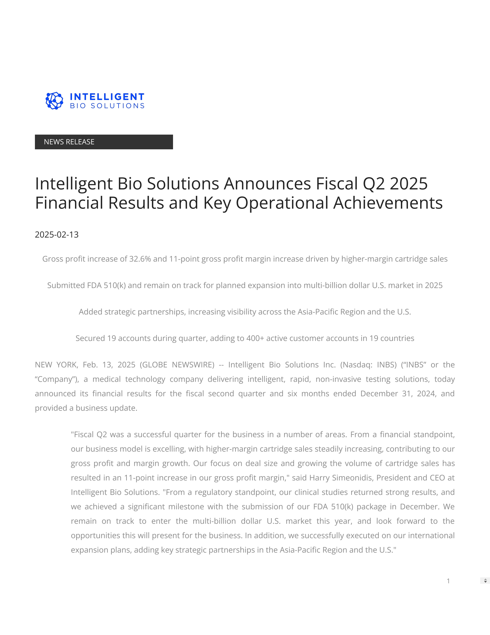 Intelligent Bio Solutions' Q2 2025 Press Release