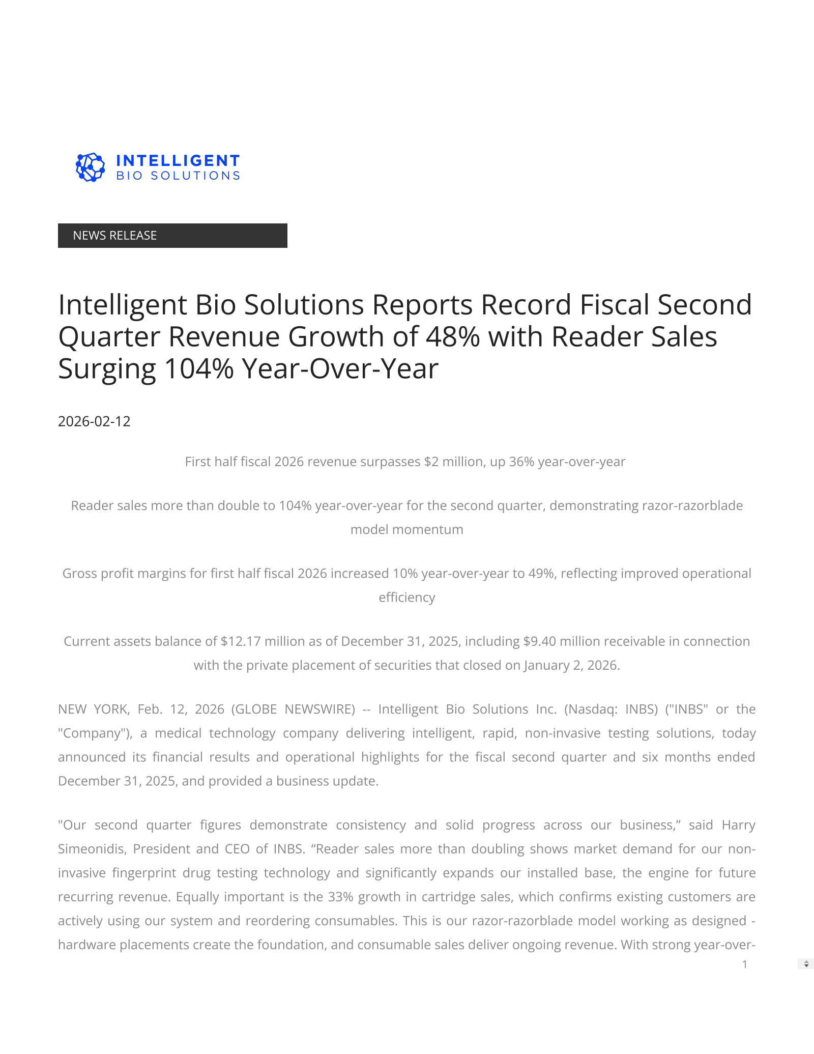 Intelligent Bio Solutions' Q2 2026 Press Release