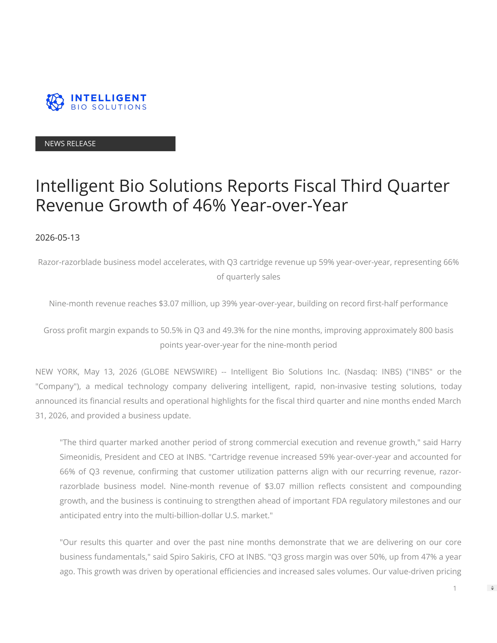 Intelligent Bio Solutions' Q3 2026 Press Release