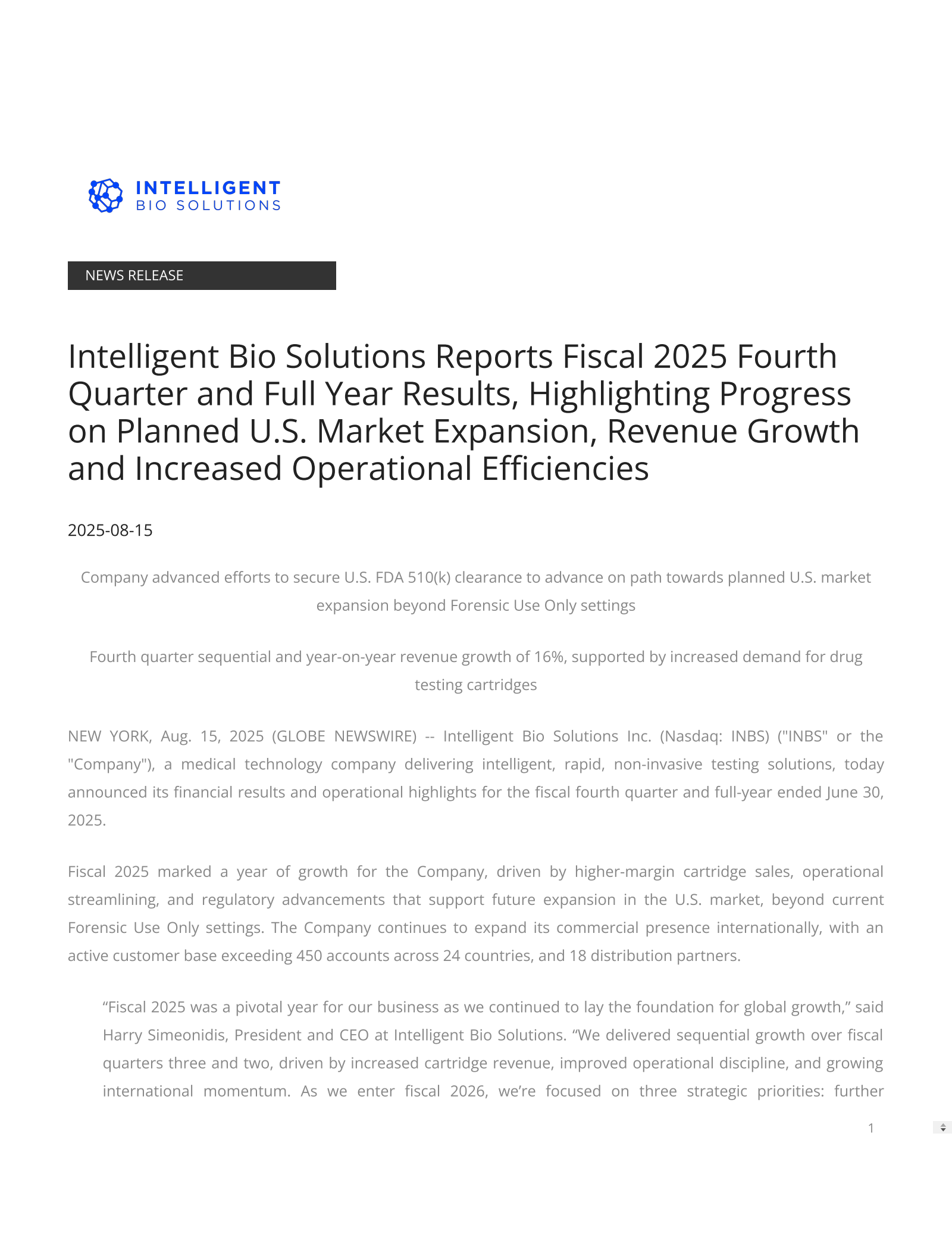 Intelligent Bio Solutions' Q4 2025 Press Release
