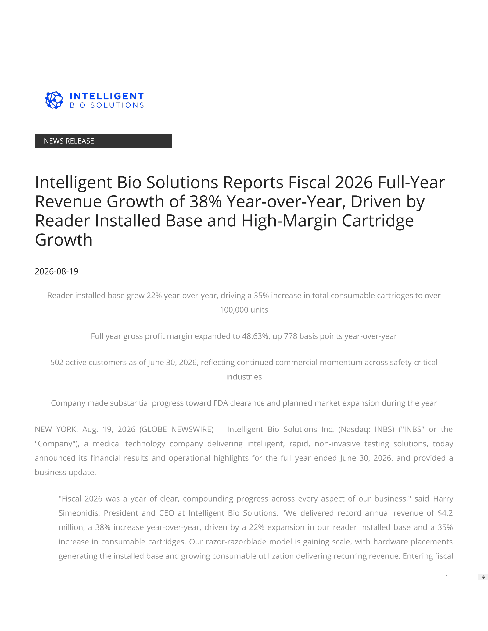 Intelligent Bio Solutions' Q4 2026 Press Release