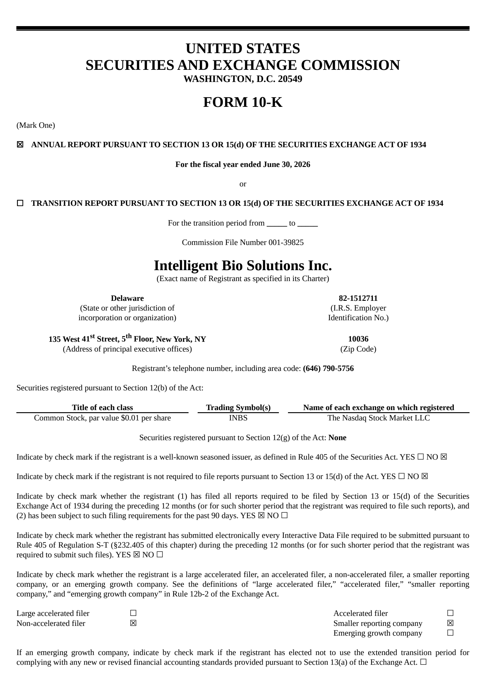 Intelligent Bio Solutions' Q4 2026 Annual report