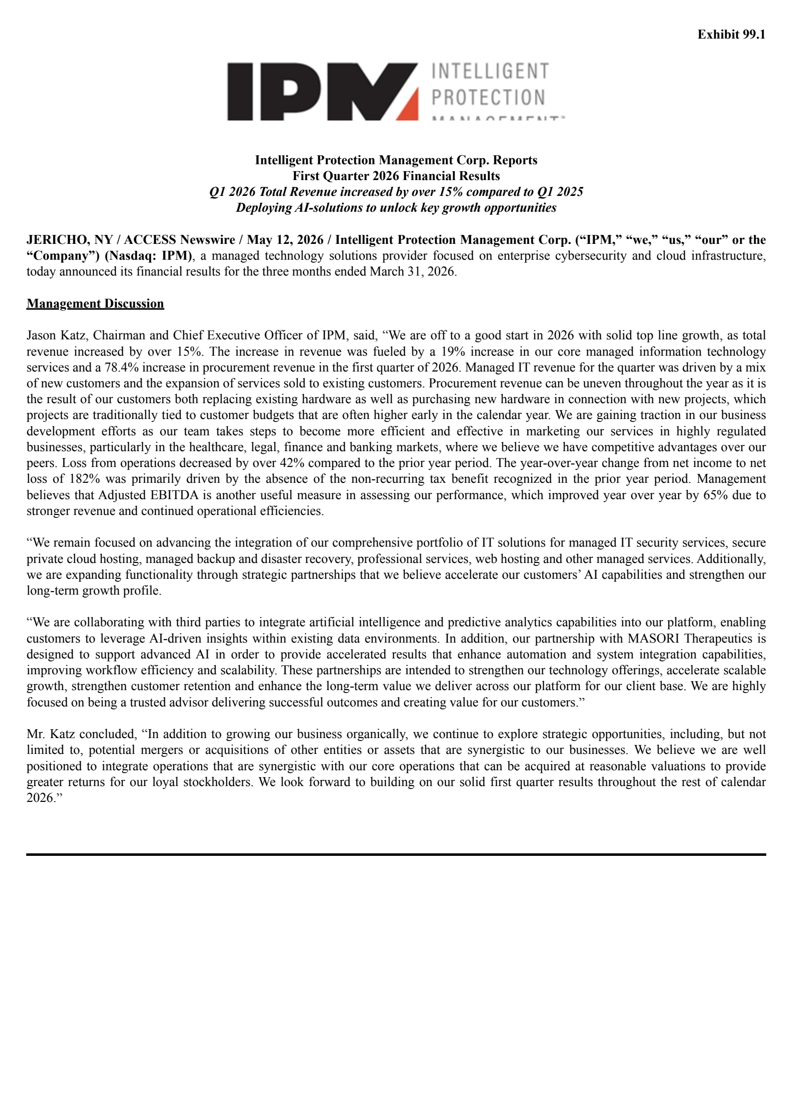 Intelligent Protection Management's Q1 2026 Press Release