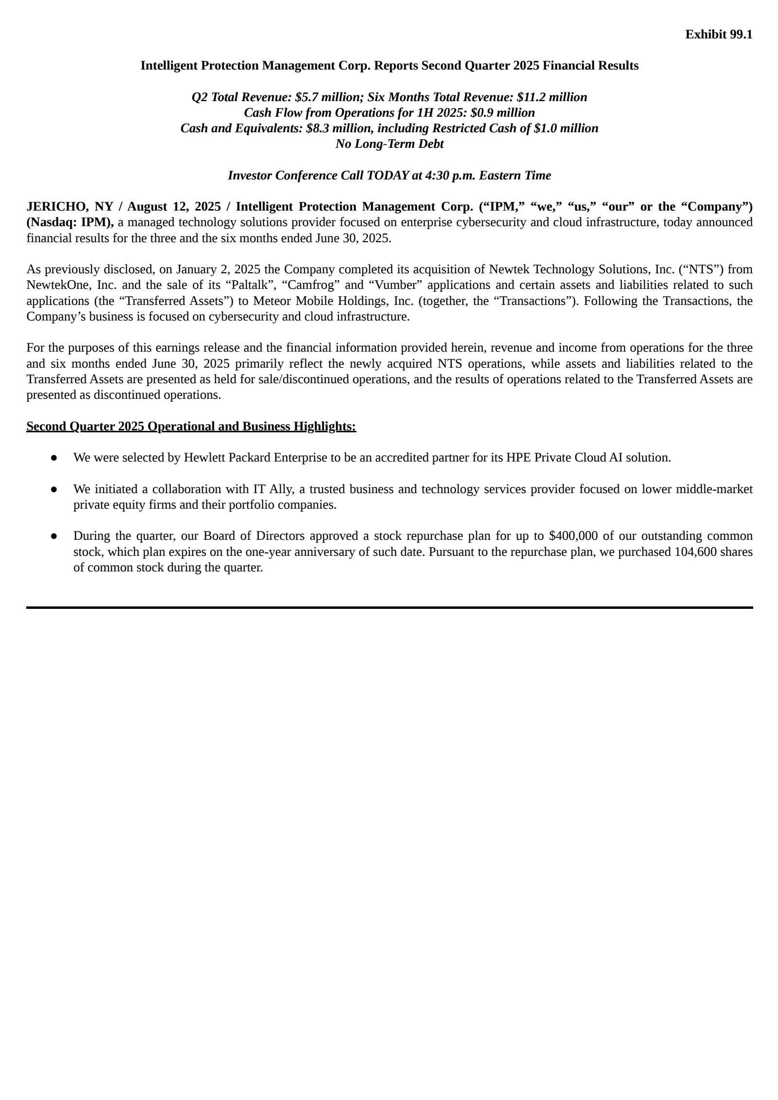 Intelligent Protection Management's Q2 2025 Press Release