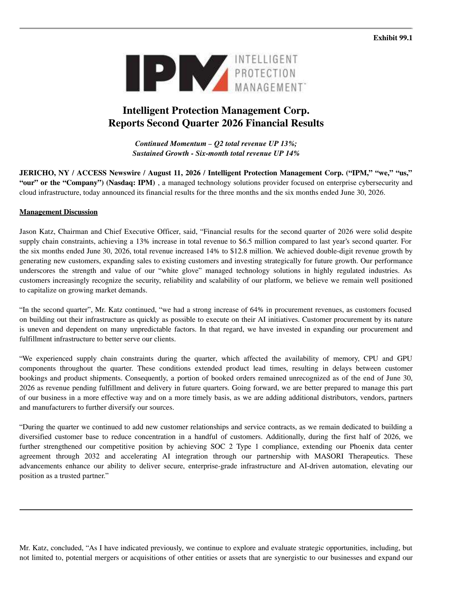 Intelligent Protection Management's Q2 2026 Press Release