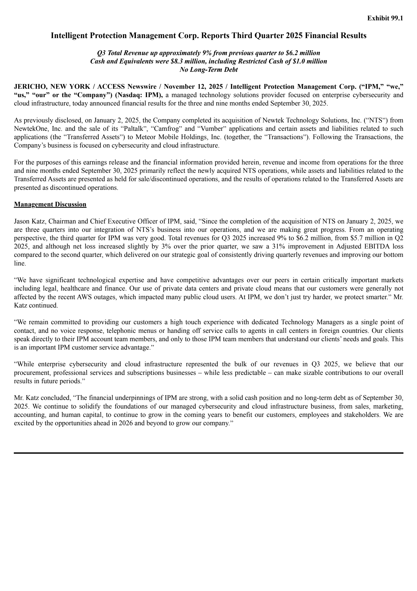 Intelligent Protection Management's Q3 2025 Earnings Release