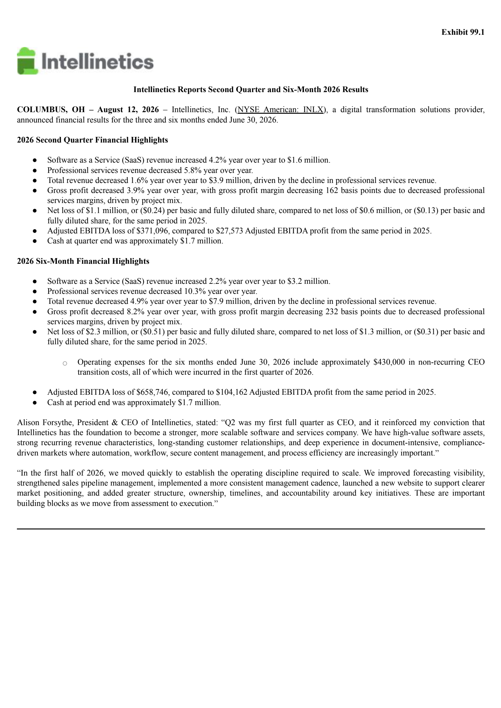 Intellinetics' Q2 2026 Press Release