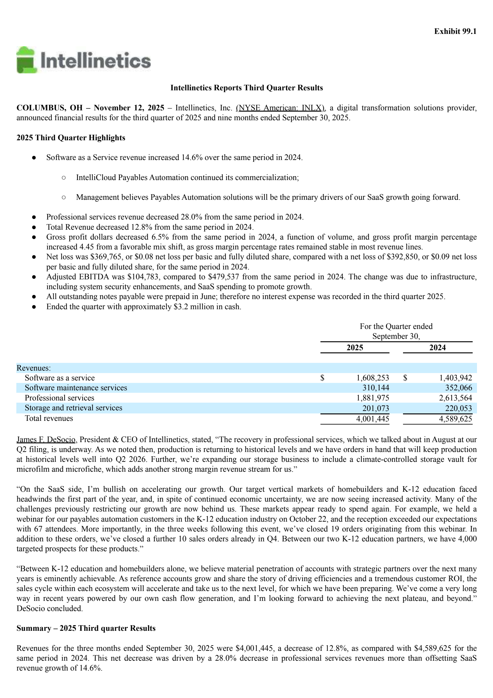 Intellinetics' Q3 2025 Earnings Release