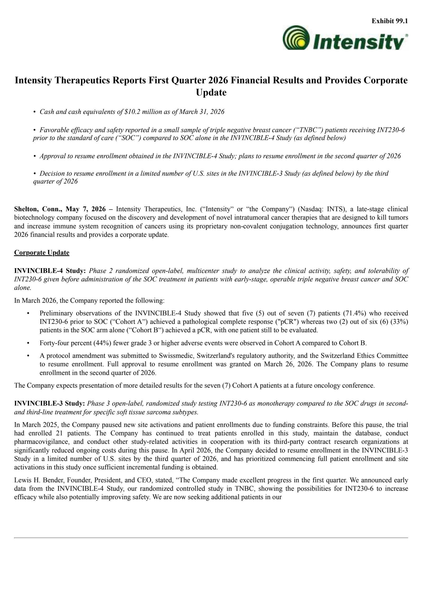 Intensity Therapeutics' Q1 2026 Press Release