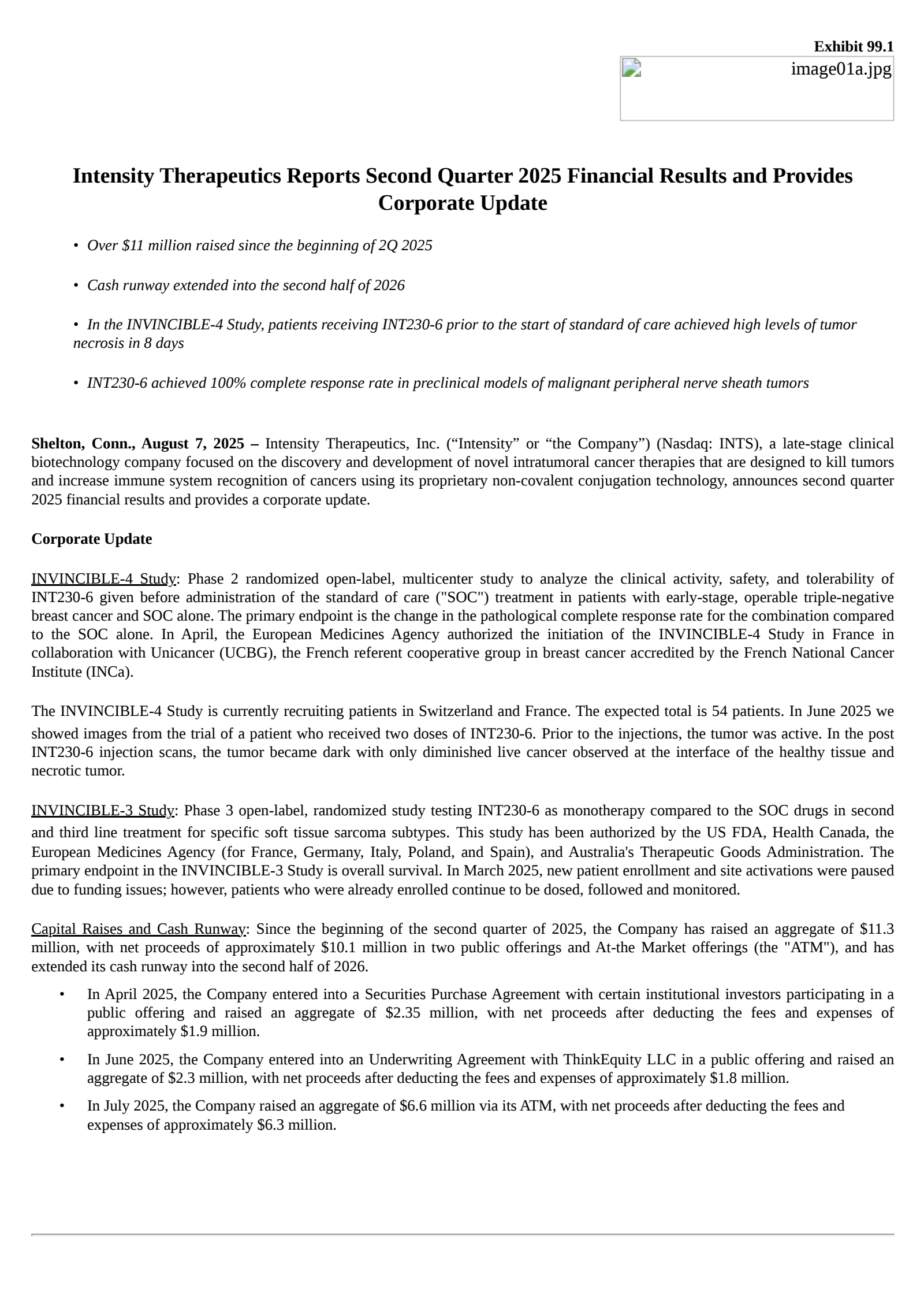 Intensity Therapeutics' Q2 2025 Press Release