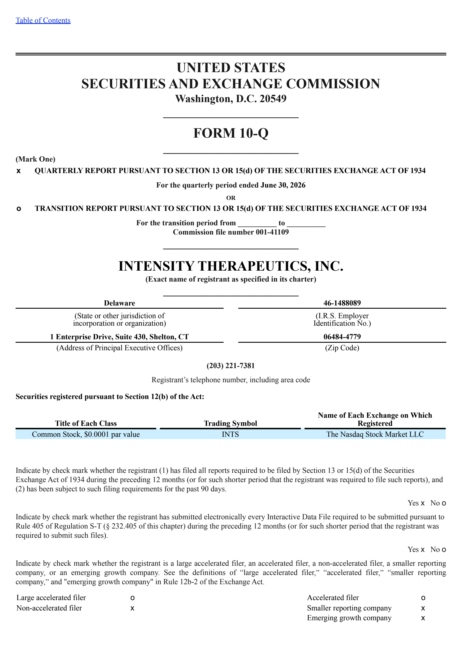 Intensity Therapeutics' Q2 2026 Quarterly report