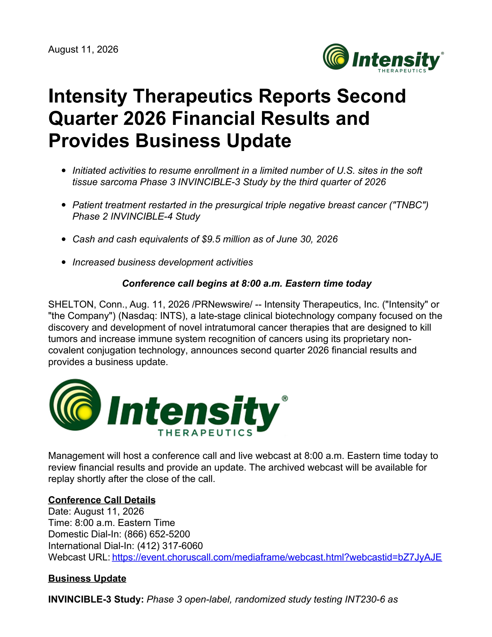 Intensity Therapeutics' Q2 2026 Press Release