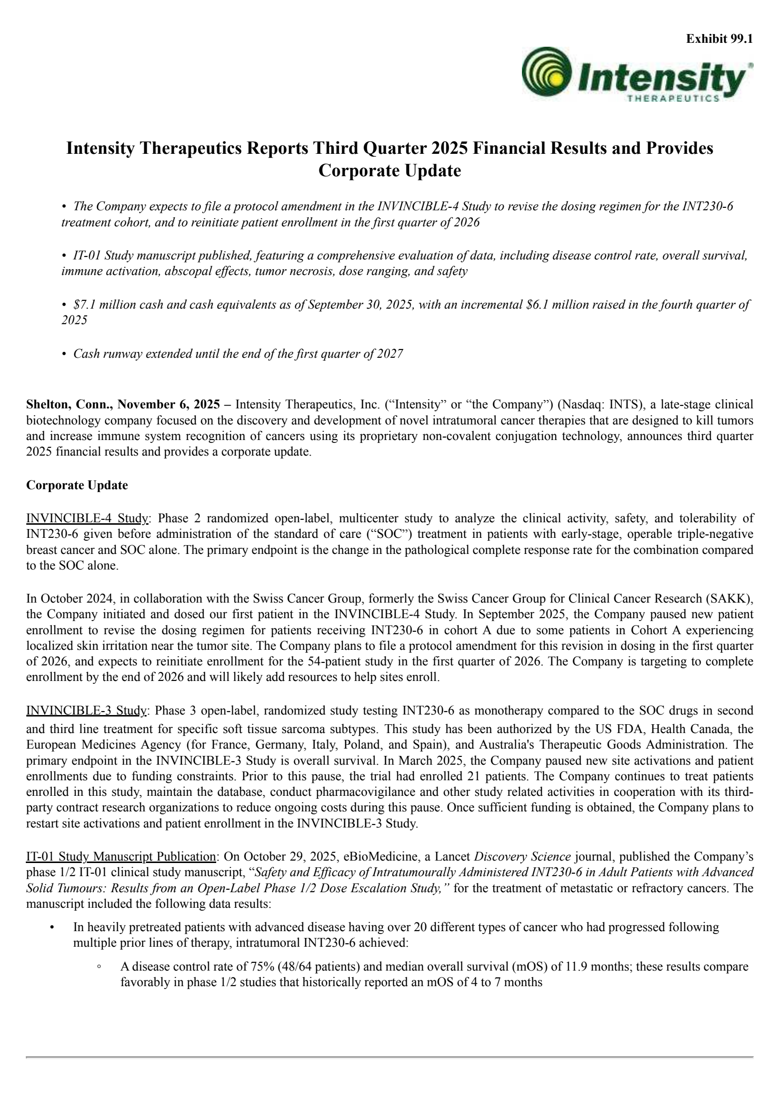 Intensity Therapeutics' Q3 2025 Earnings Release