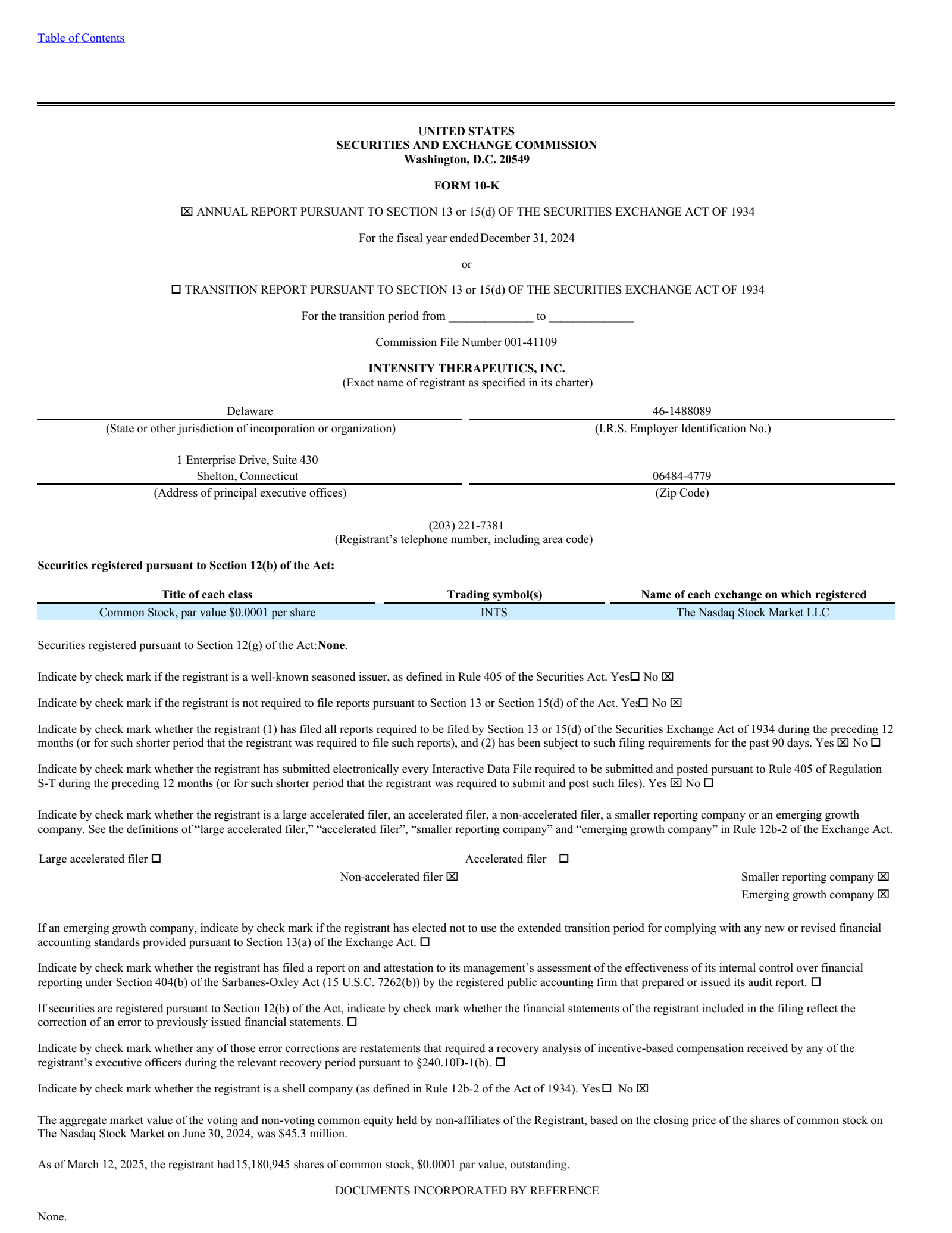 Intensity Therapeutics' Q4 2024 Annual Report