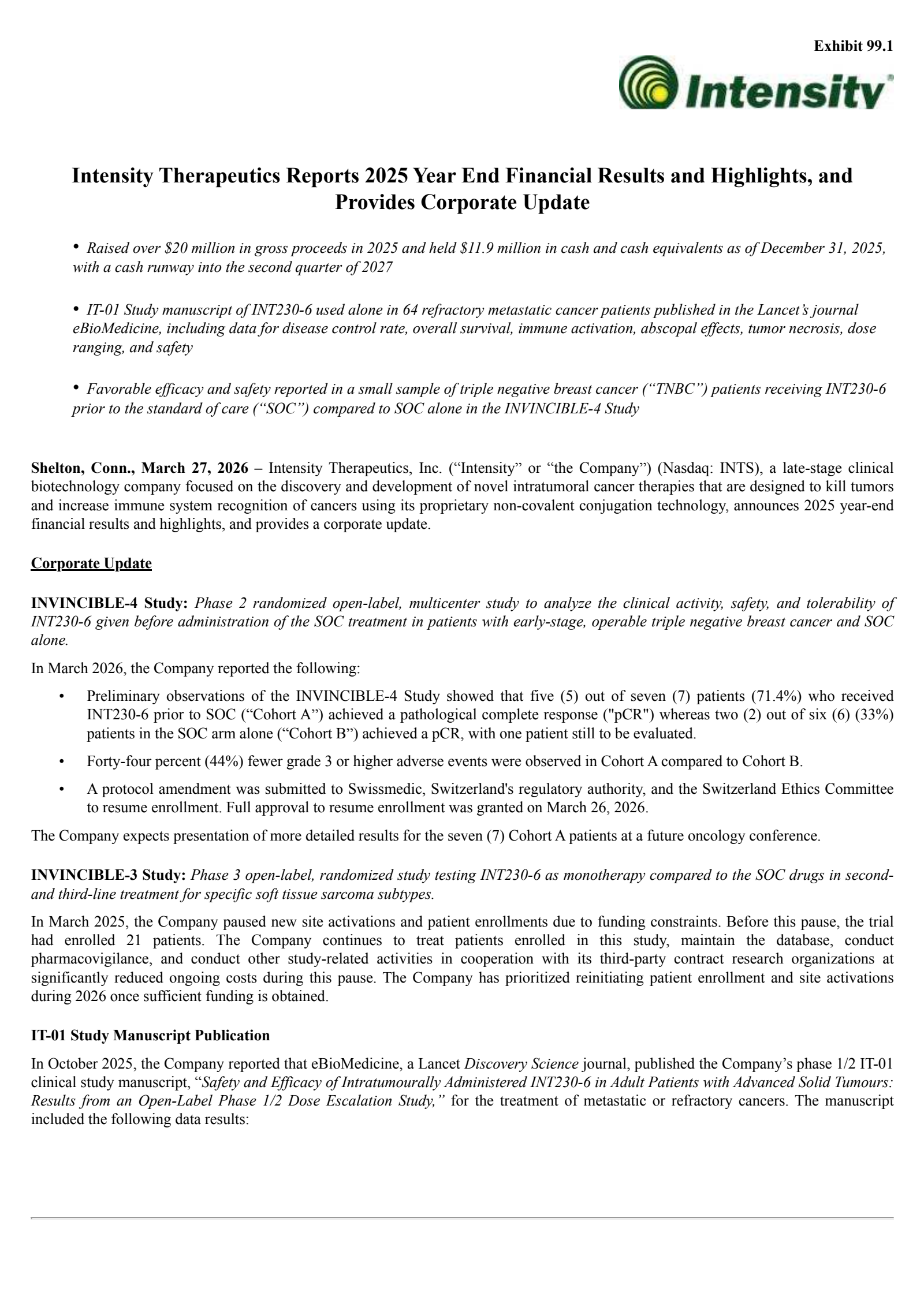 Intensity Therapeutics' Q4 2025 Press Release
