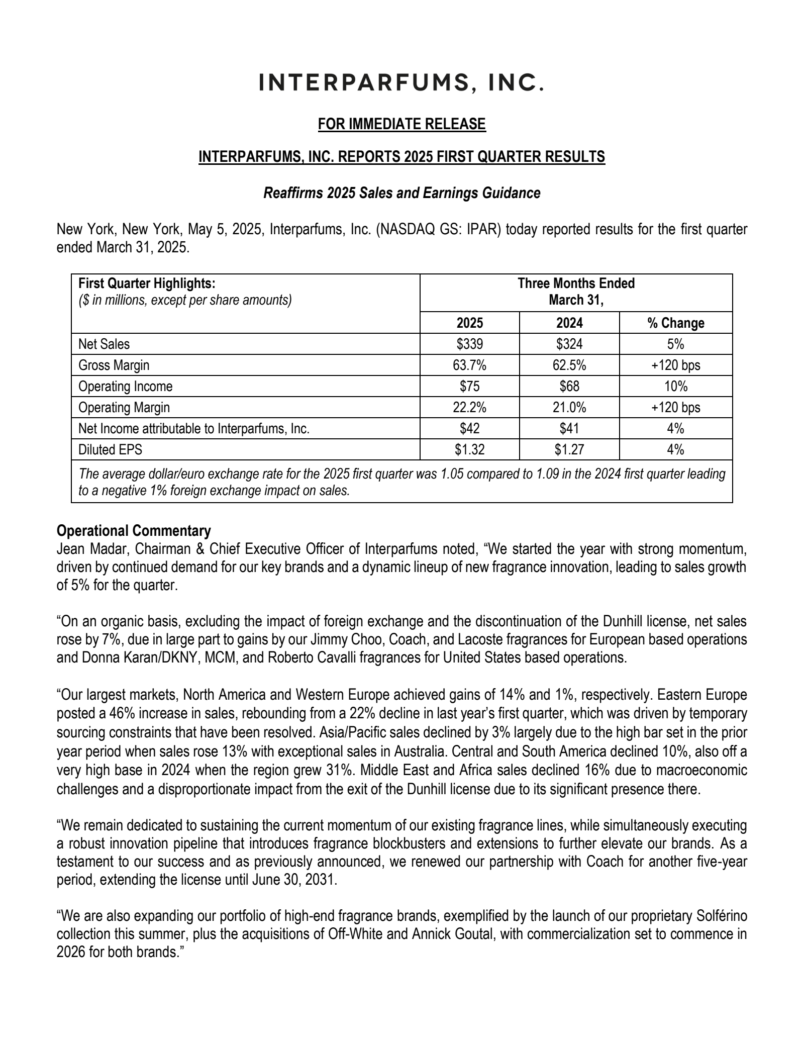 Interparfums' Q1 2025 Press Release