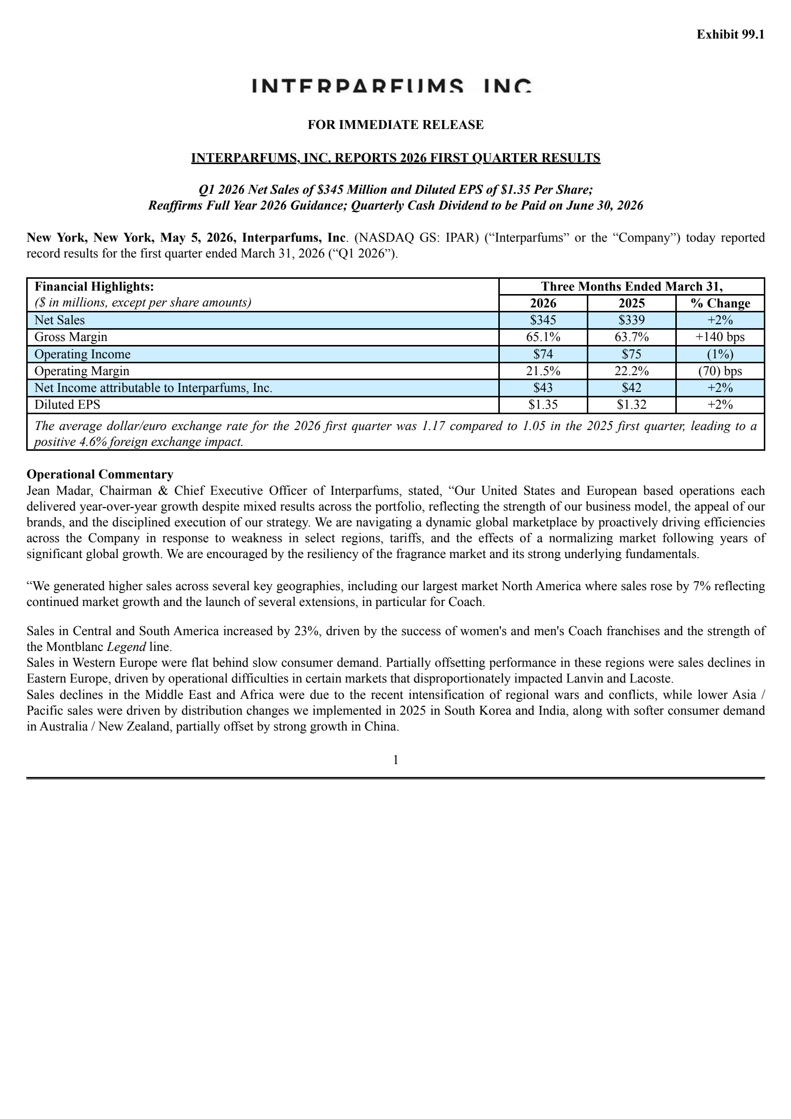 Interparfums' Q1 2026 Press Release