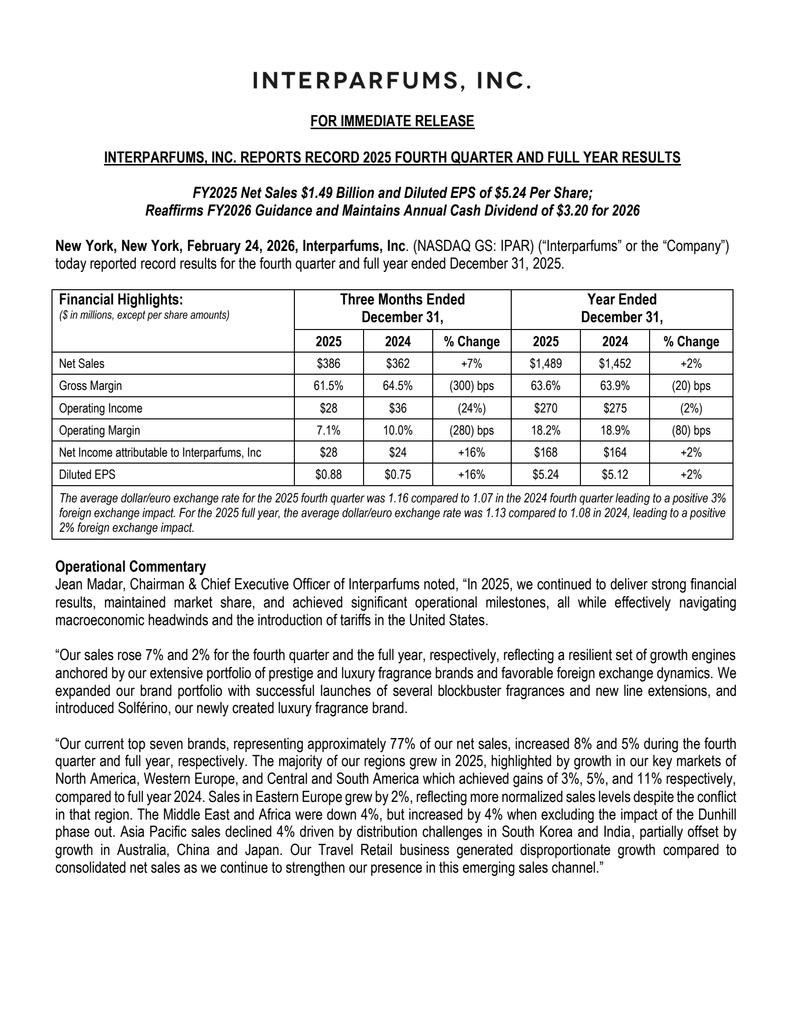Interparfums' Q4 2025 Press Release