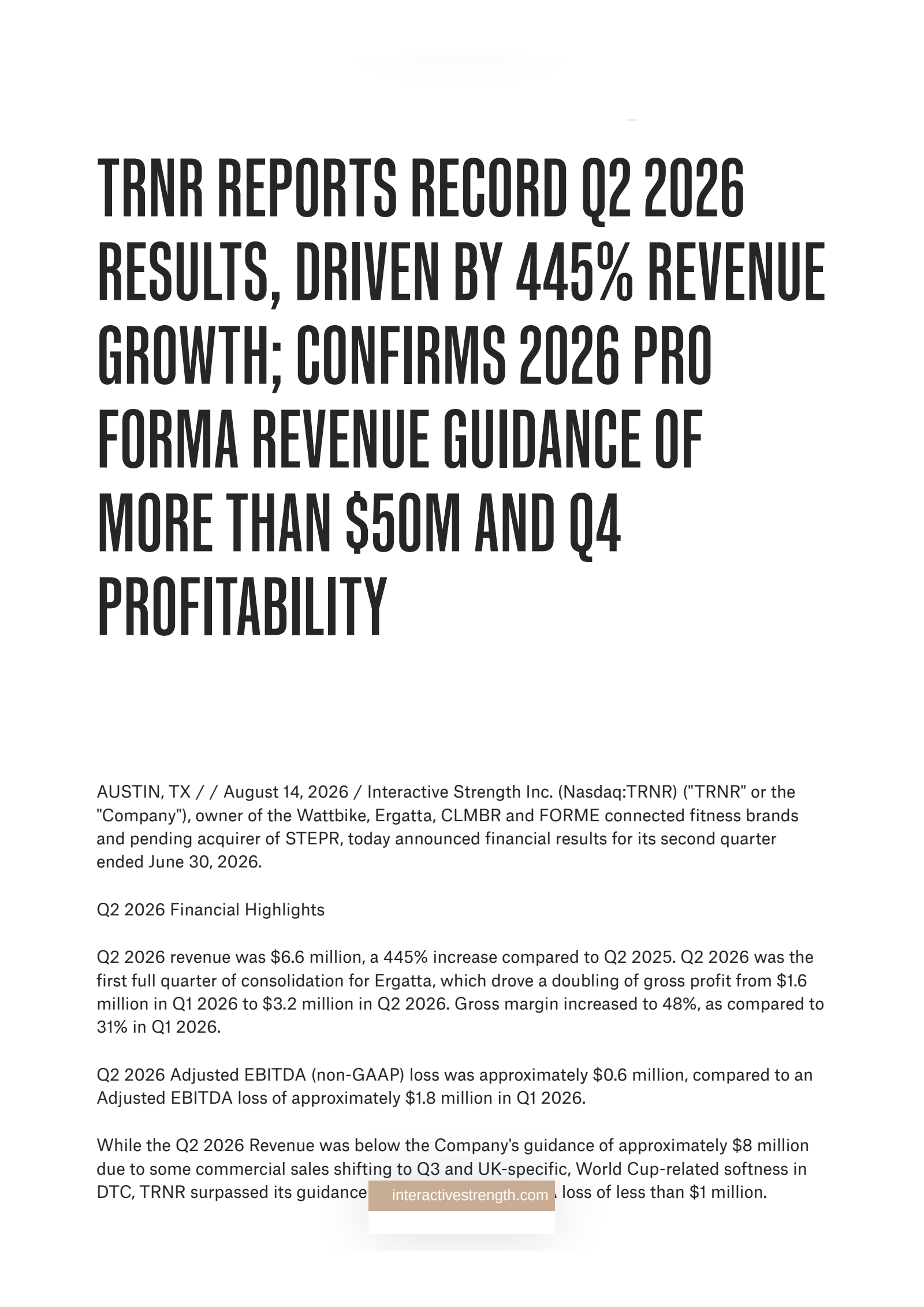 Interactive Strength's Q2 2026 Press Release