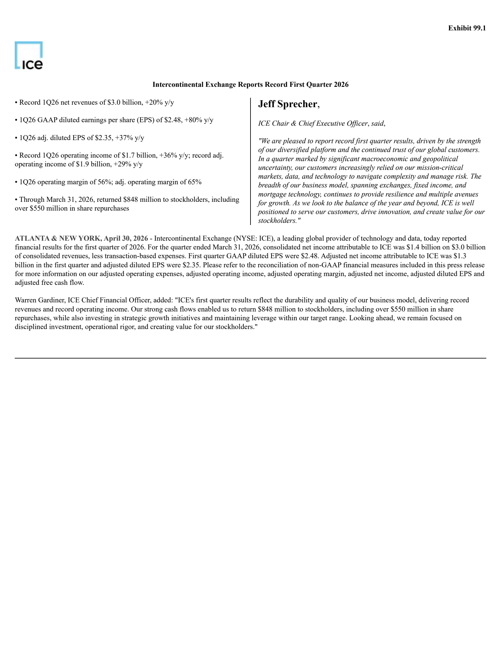 Intercontinental Exchange's Q1 2026 Press Release
