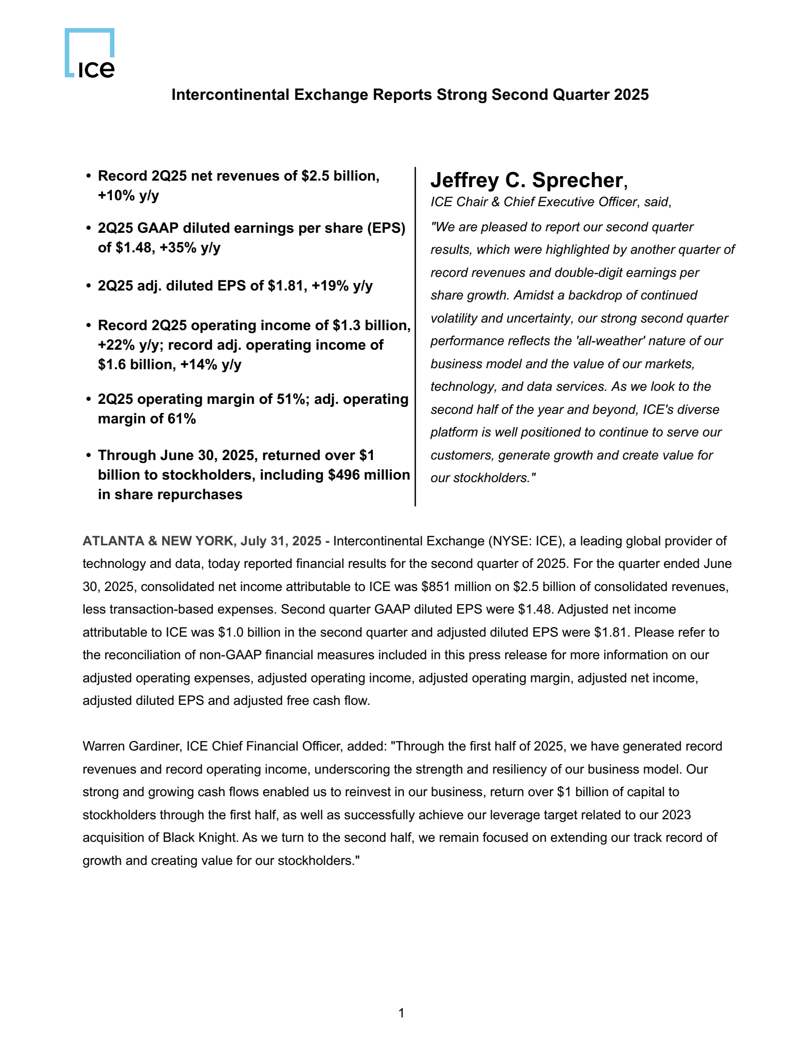 Intercontinental Exchange's Q2 2025 Press Release
