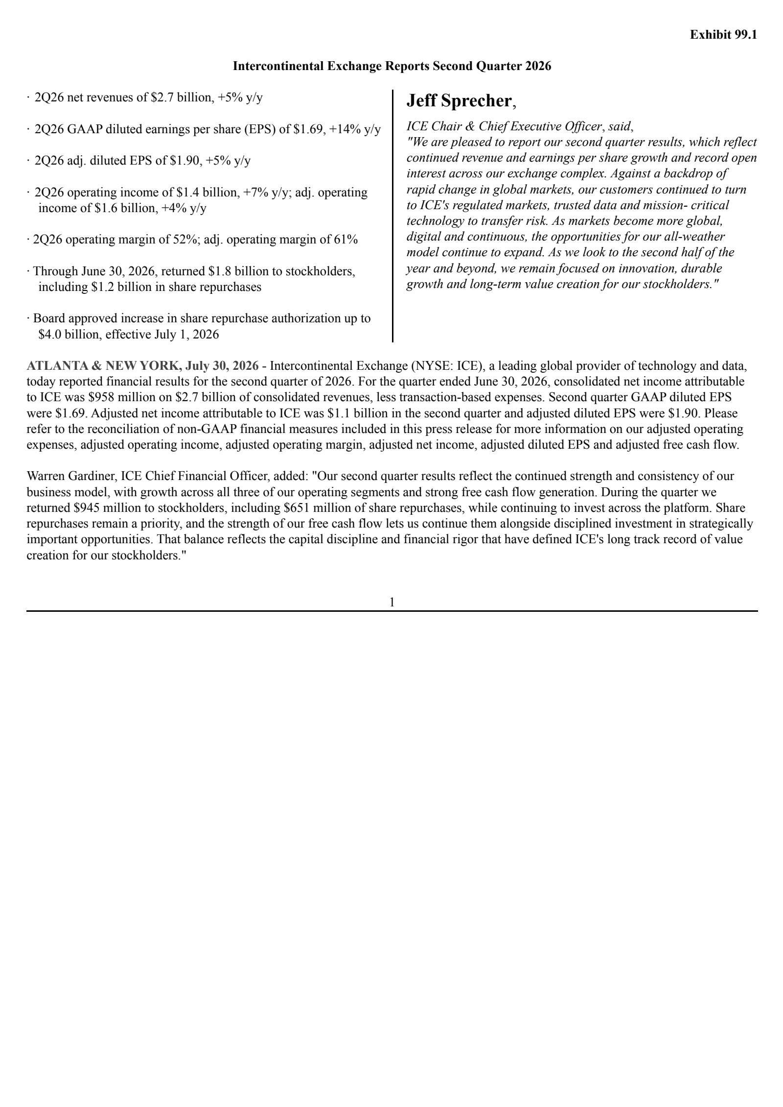 Intercontinental Exchange's Q2 2026 & Acquisition Press Release