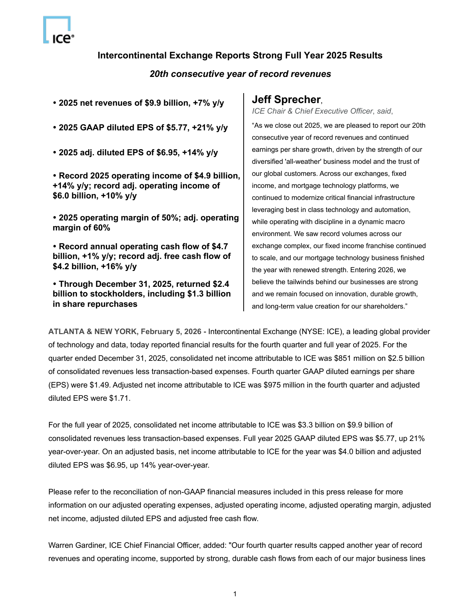Intercontinental Exchange's Q4 2025 Press Release