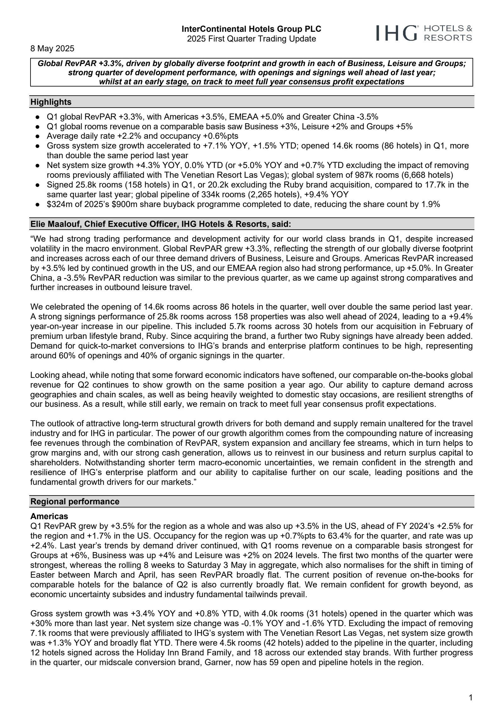 Intercontinental Hotels Group's Q1 2025 TU Press Release