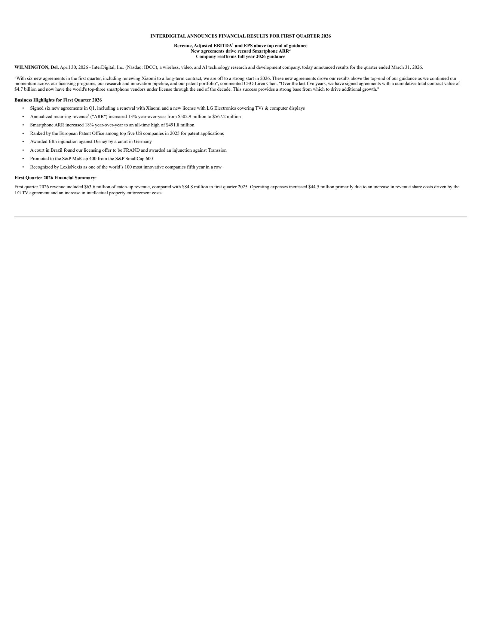 InterDigital's Q1 2026 Press Release