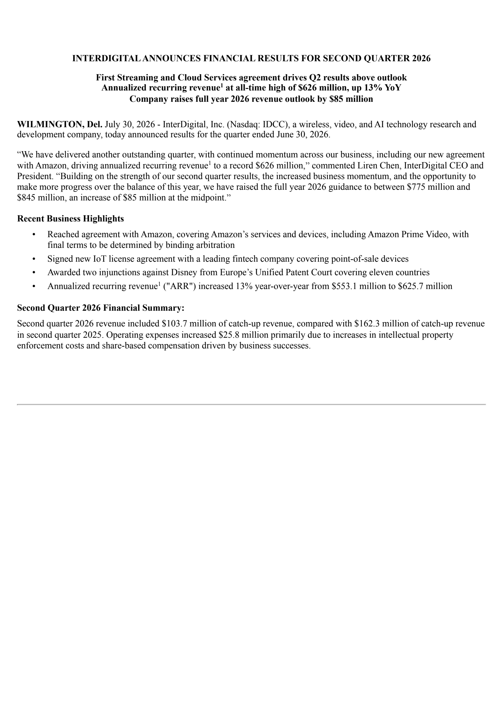 InterDigital's Q2 2026 Press Release