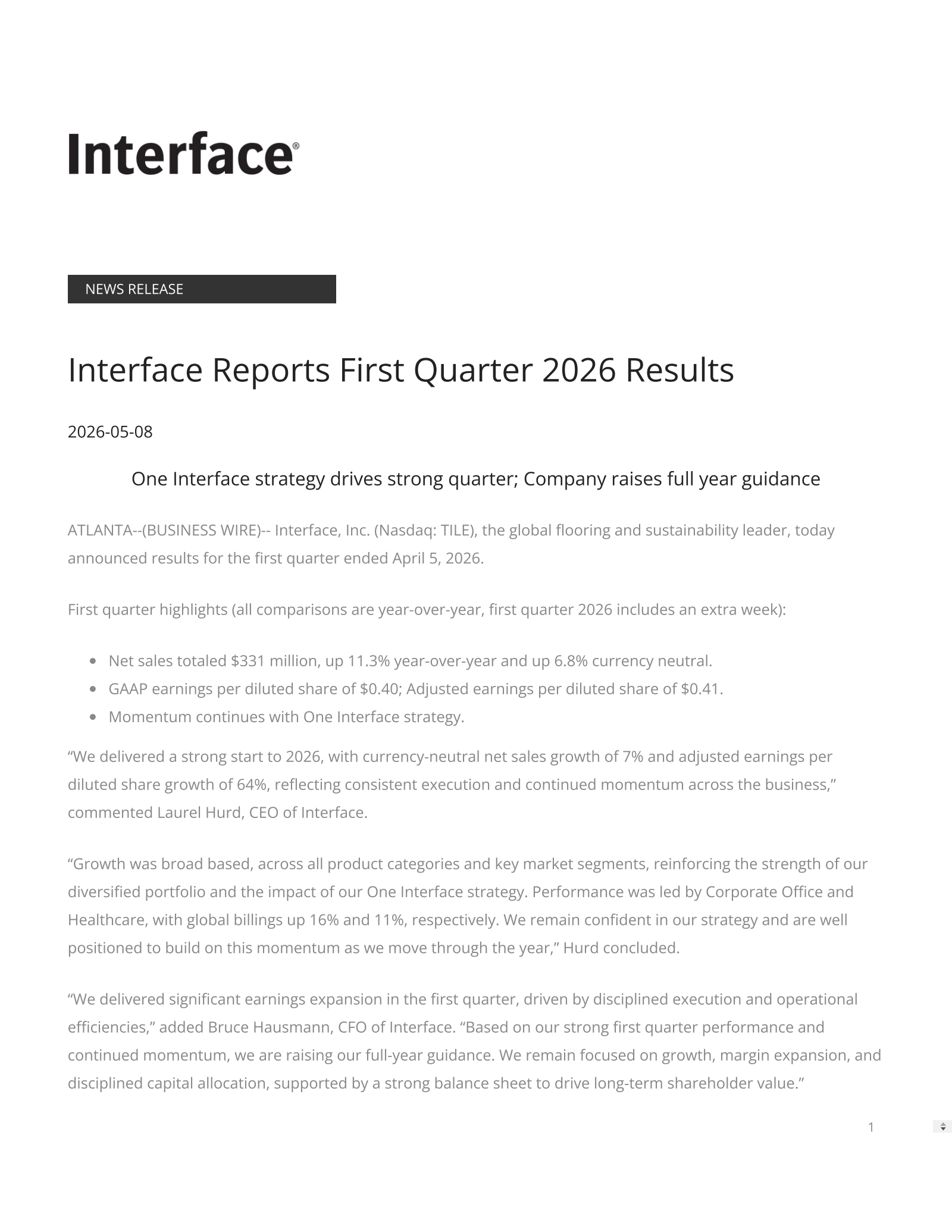 Interface's Q1 2026 Press Release