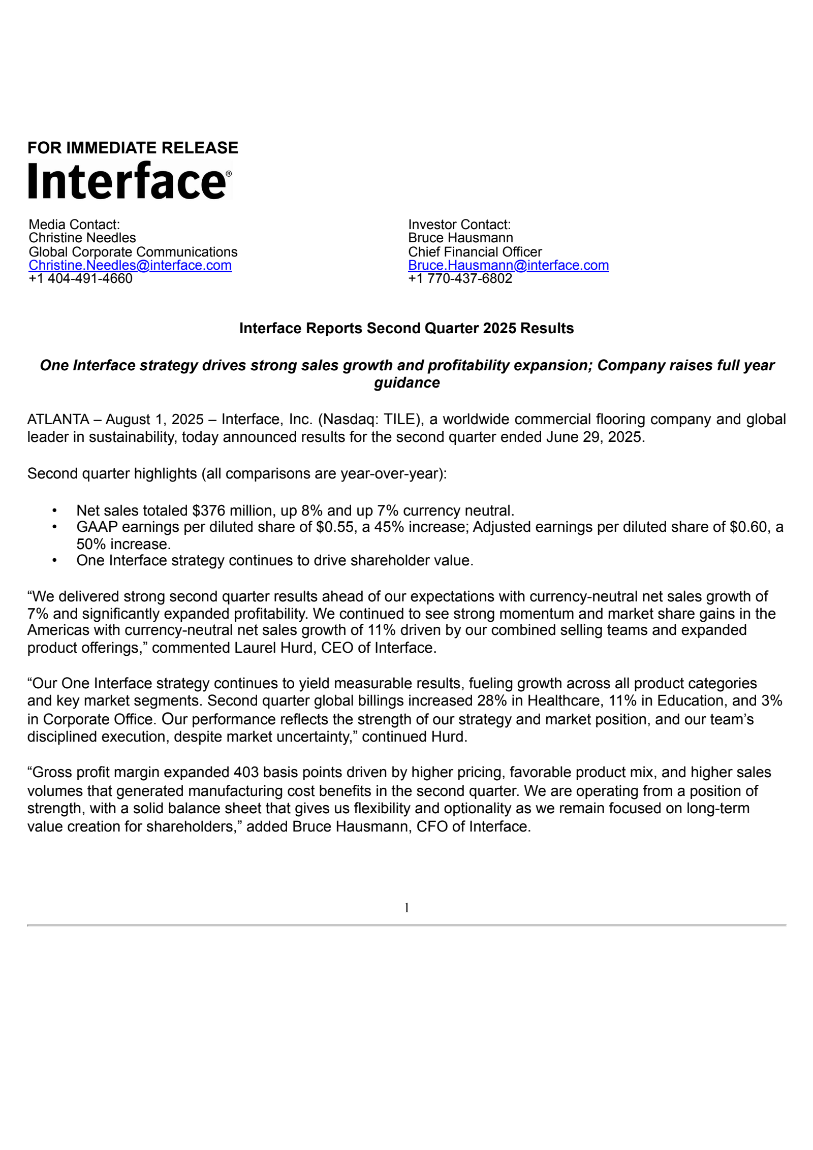 Interface's Q2 2025 Press Release