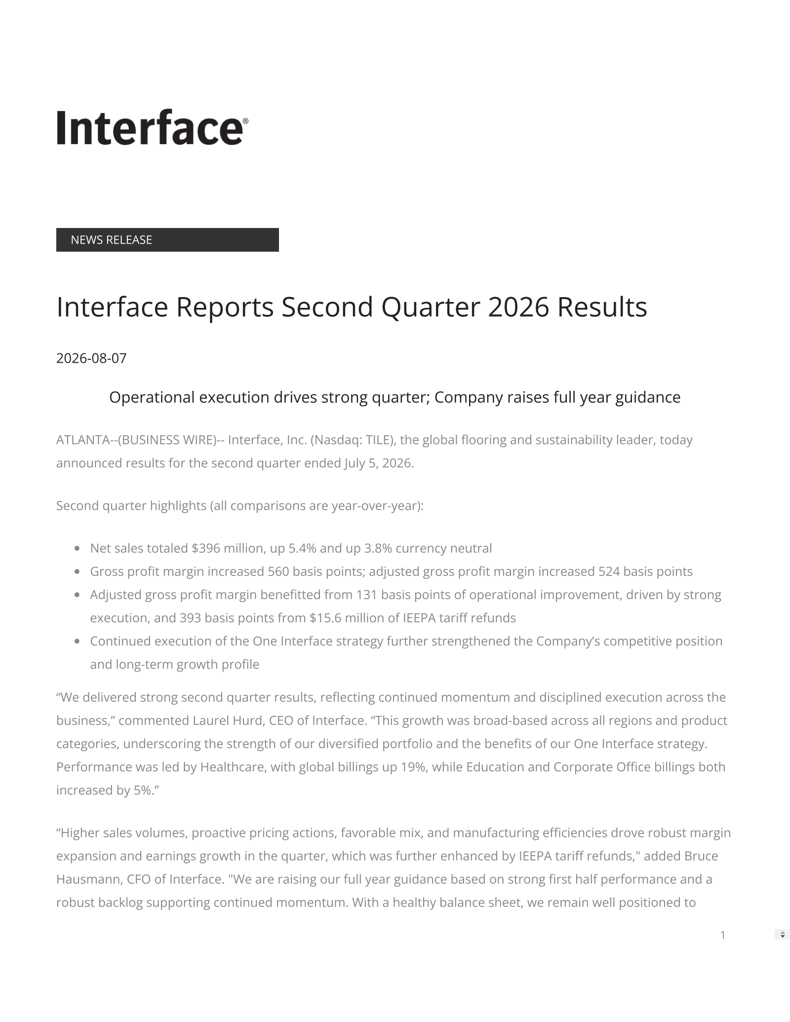 Interface's Q2 2026 Press Release