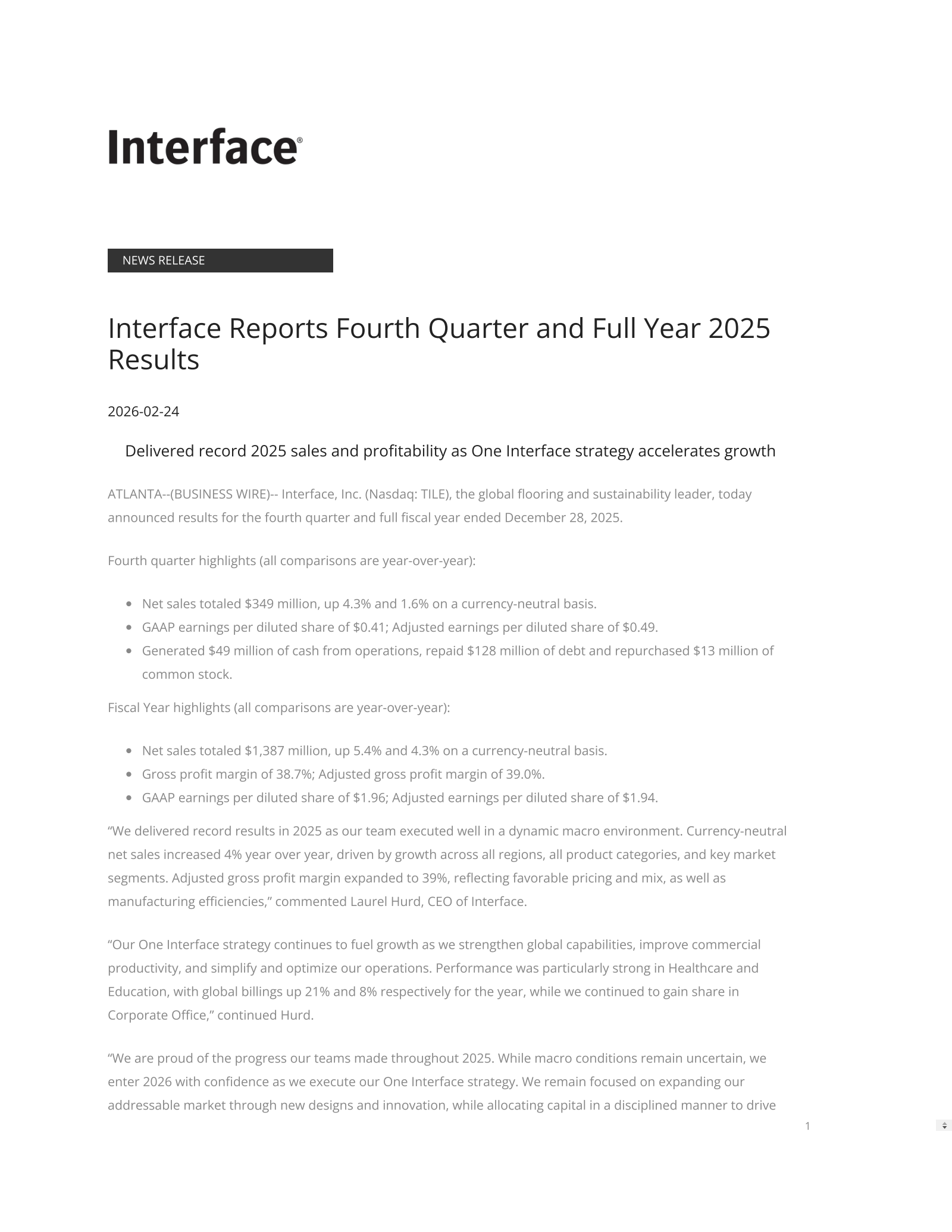 Interface's Q4 2025 Press Release