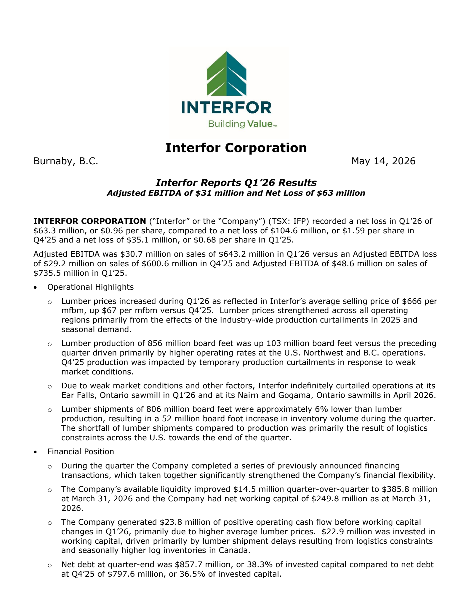 Interfor's Q1 2026 Press Release
