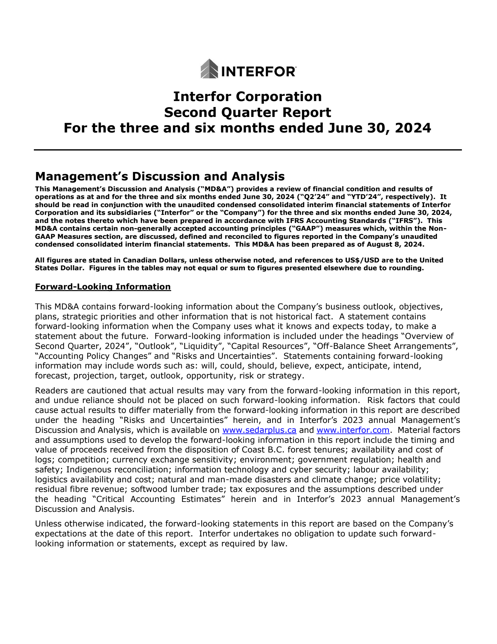 Interfor's Q2 2024 Interim report