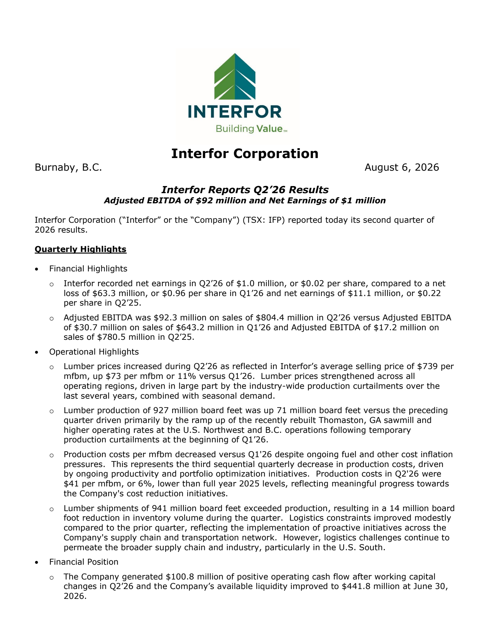 Interfor's Q2 2026 Press Release