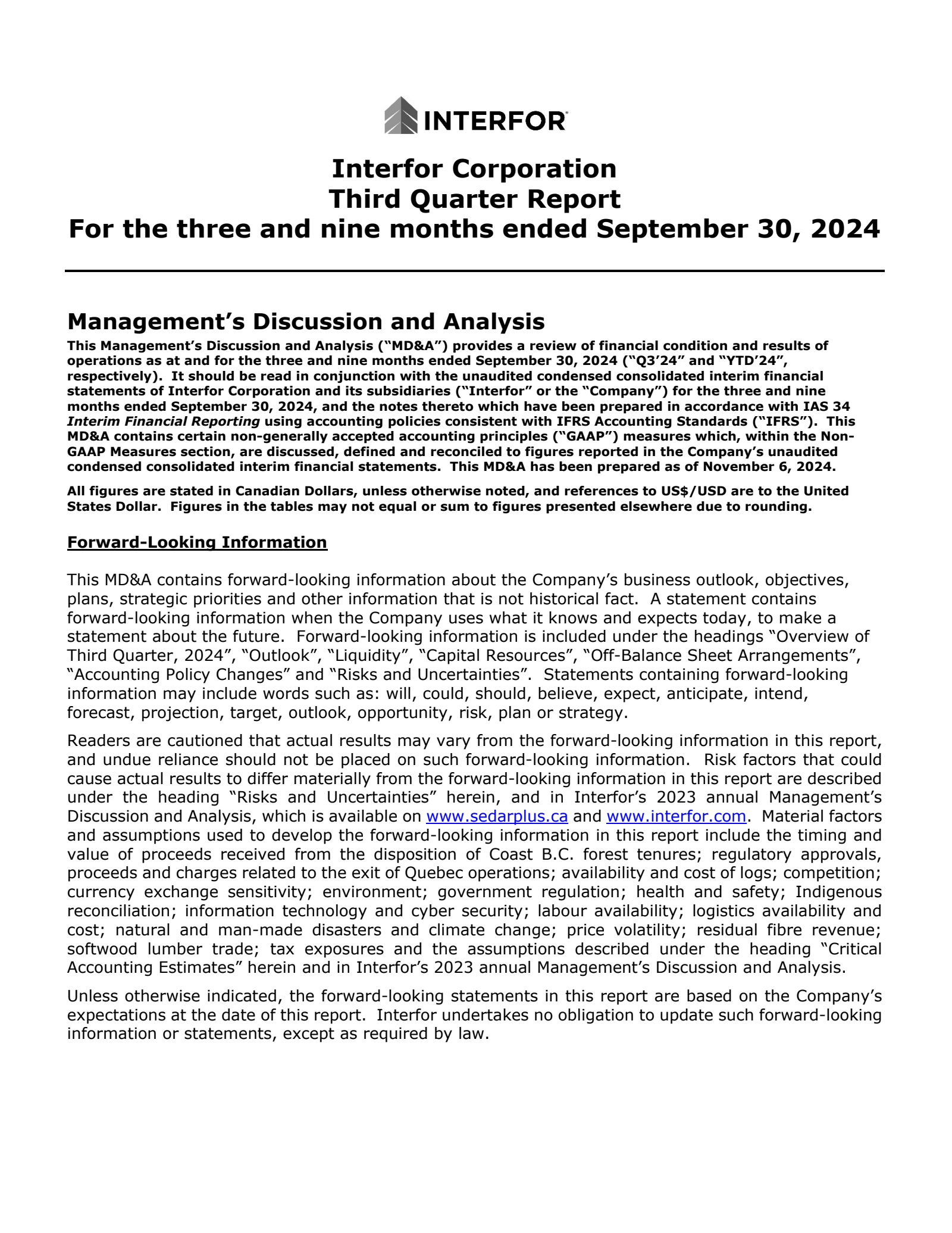 Interfor's Q3 2024 Interim report