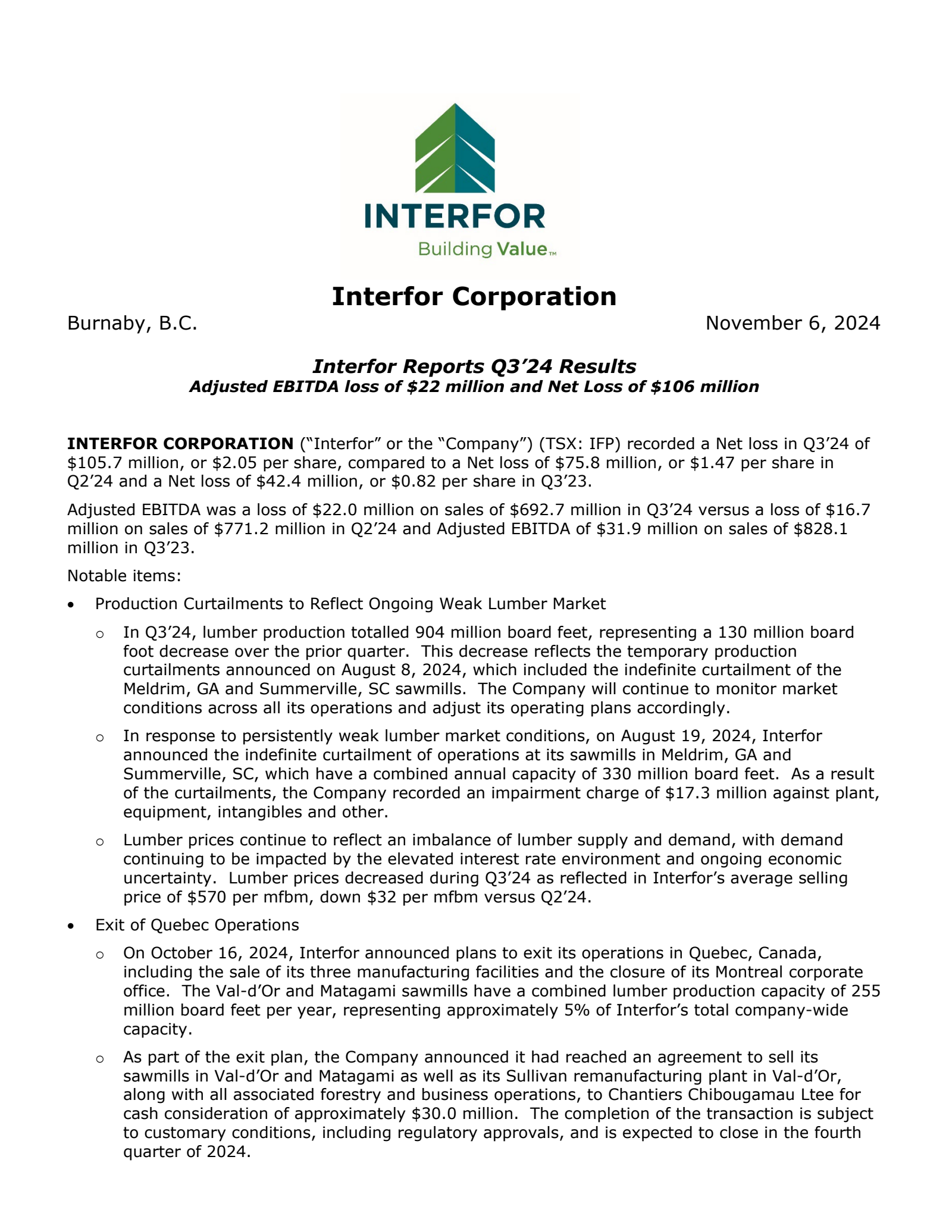 Interfor's Q3 2024 Press Release