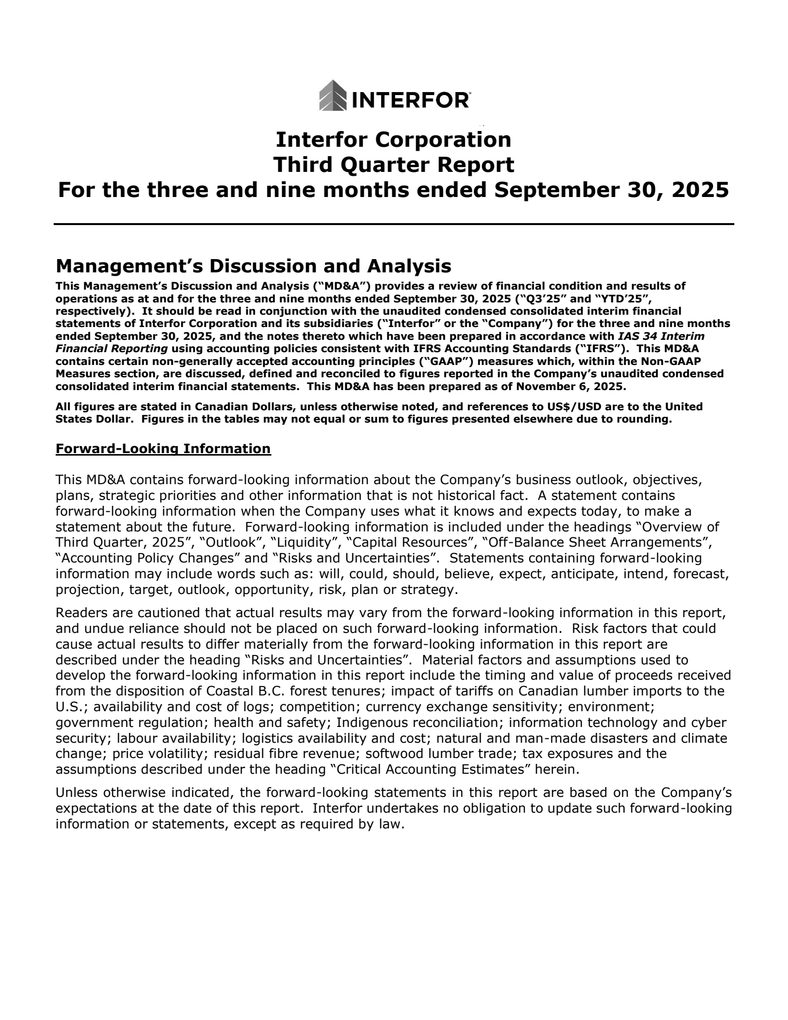 Interfor's Q3 2025 Interim report