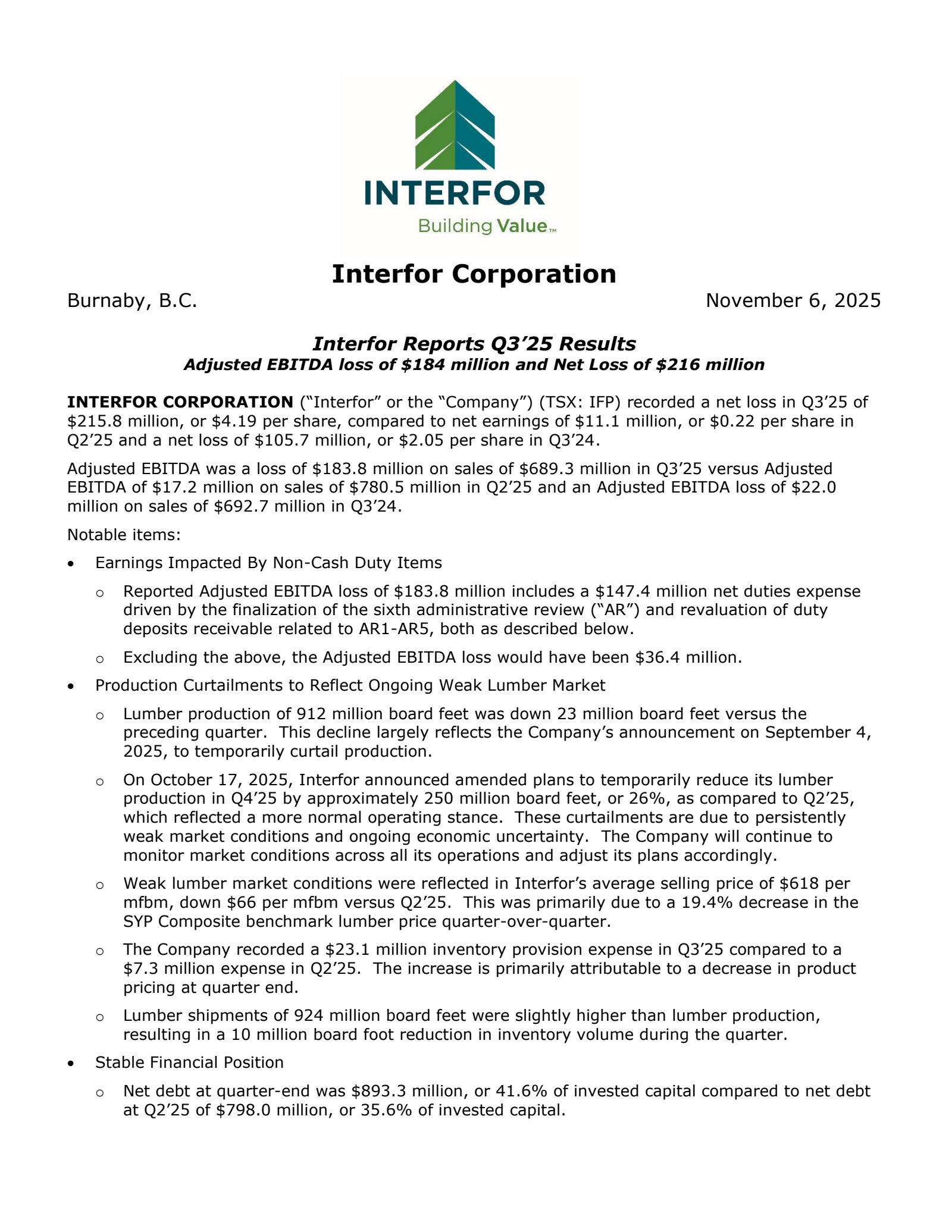 Interfor's Q3 2025 Earnings Release