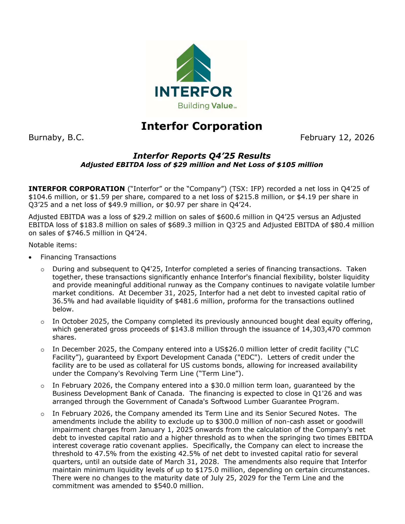 Interfor's Q4 2025 Press Release