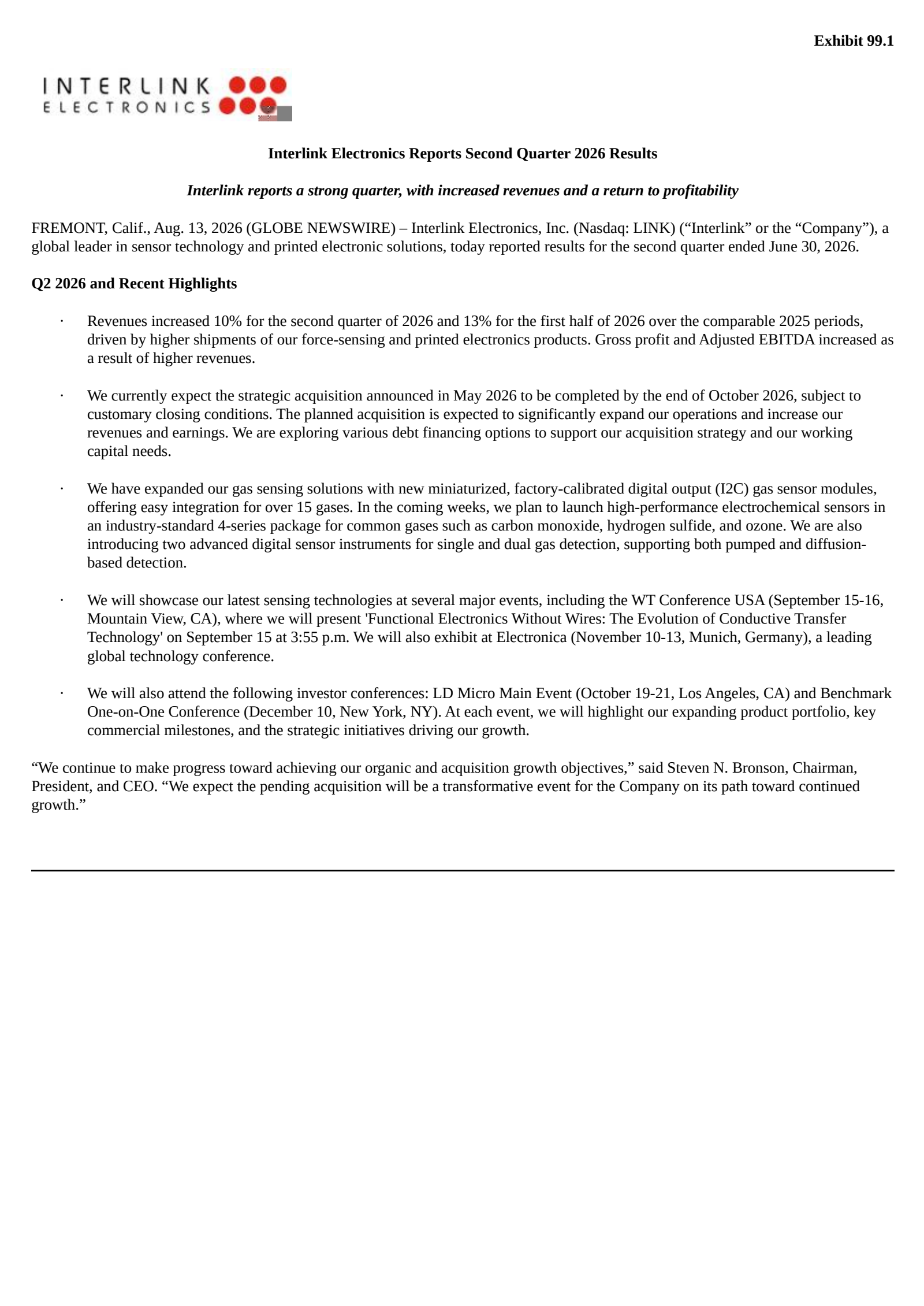 Interlink Electronics' Q2 2026 Press Release