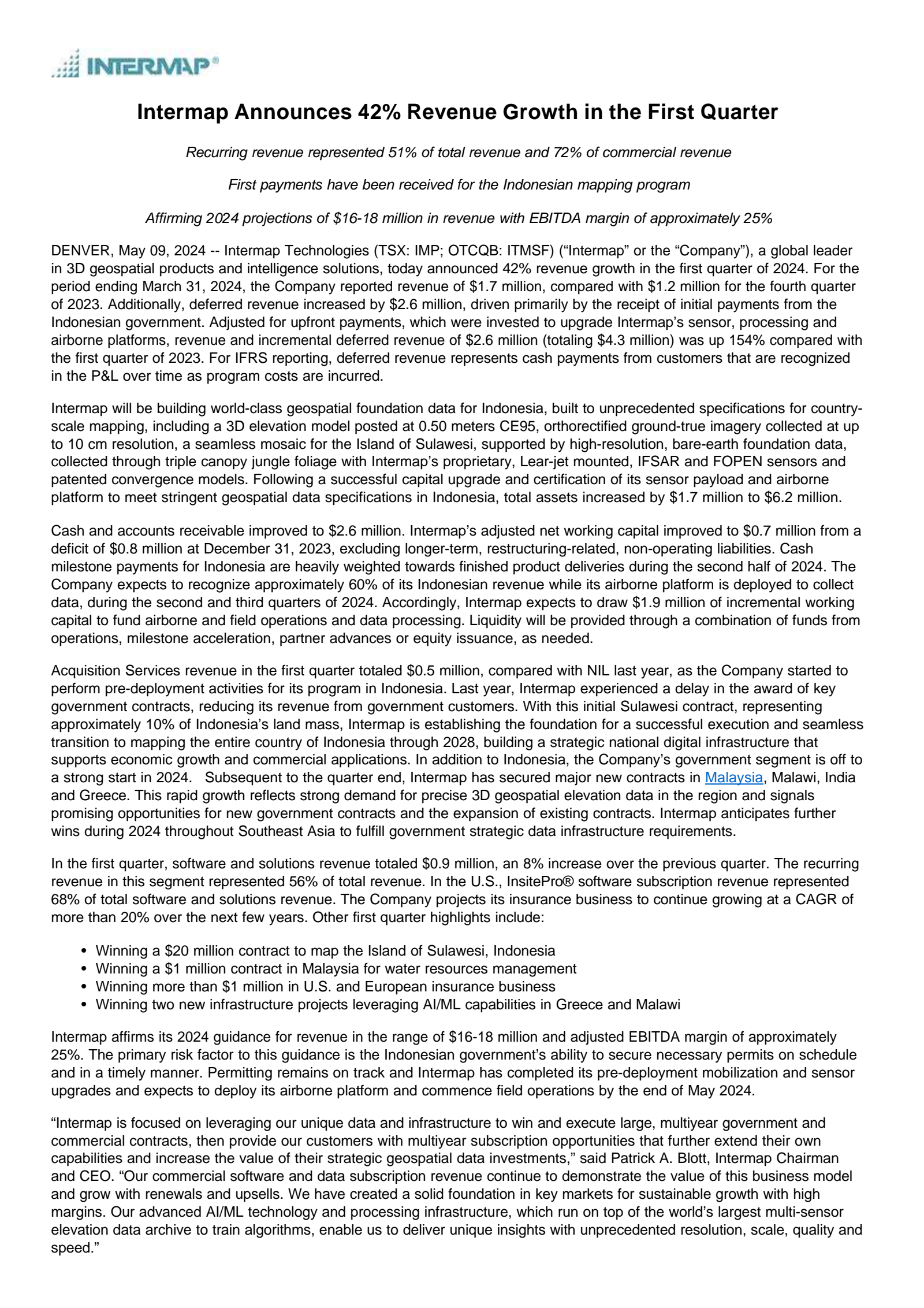 Intermap Technologies' Q1 2024 Press Release