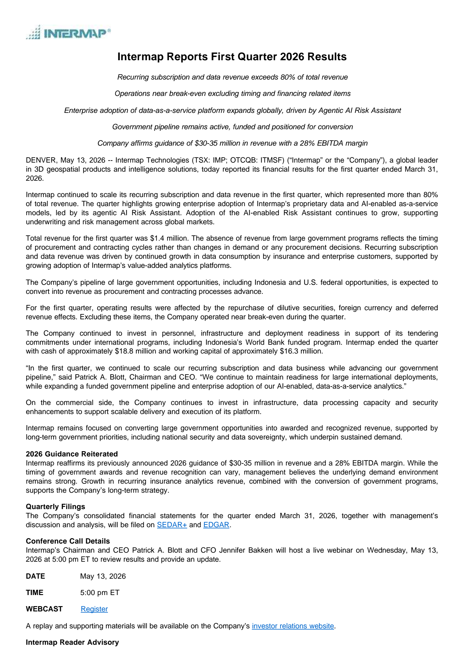 Intermap Technologies' Q1 2026 Press Release