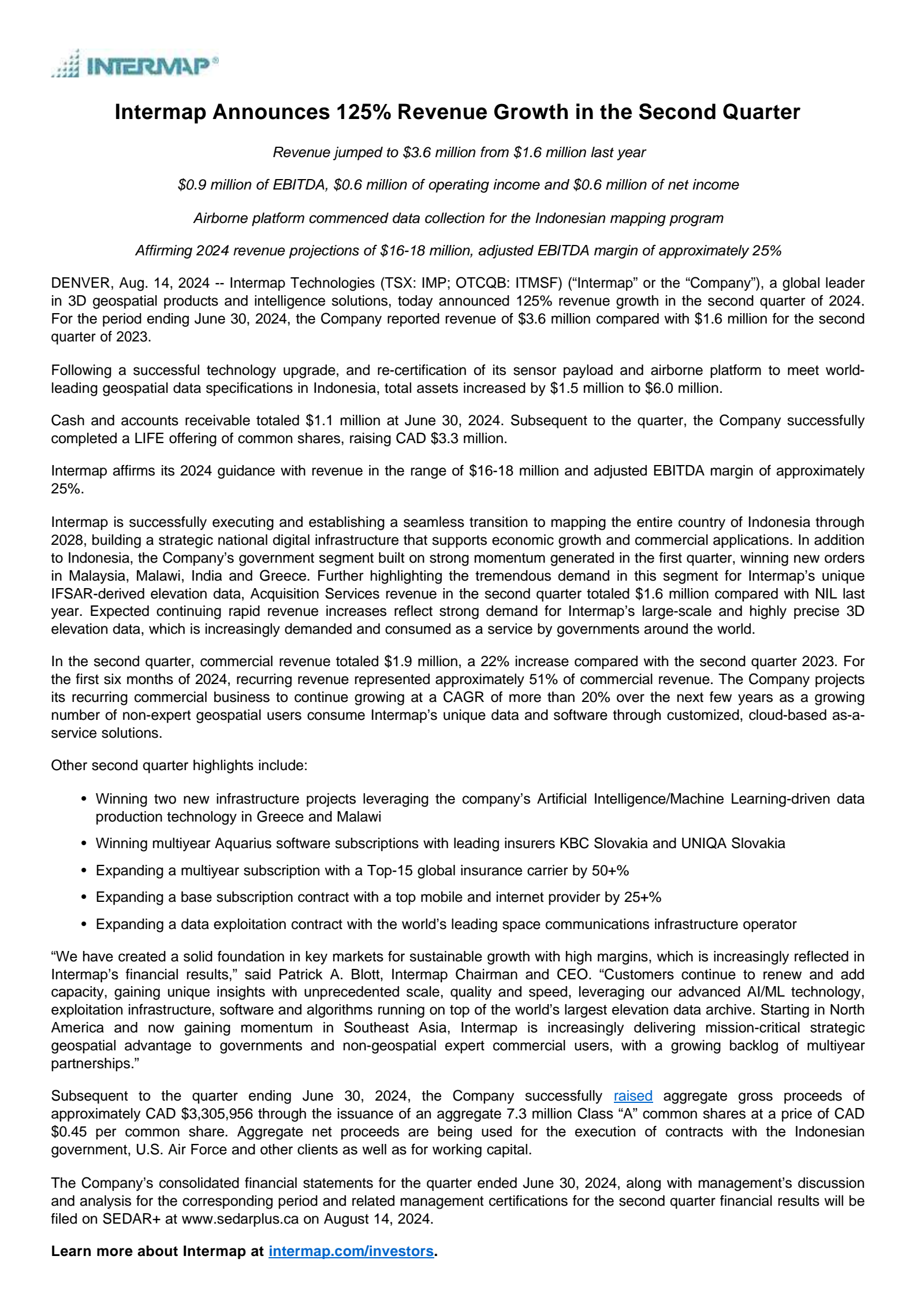 Intermap Technologies' Q2 2024 Press Release